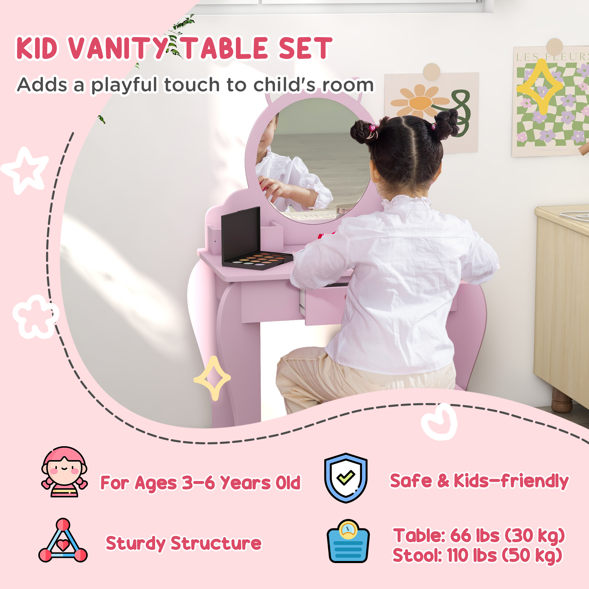 ZONEKIZ Wooden Children's Bedroom Set with Dressing Table, Stool, Bed, Cat Motif for Ages 3-6, Multicolour