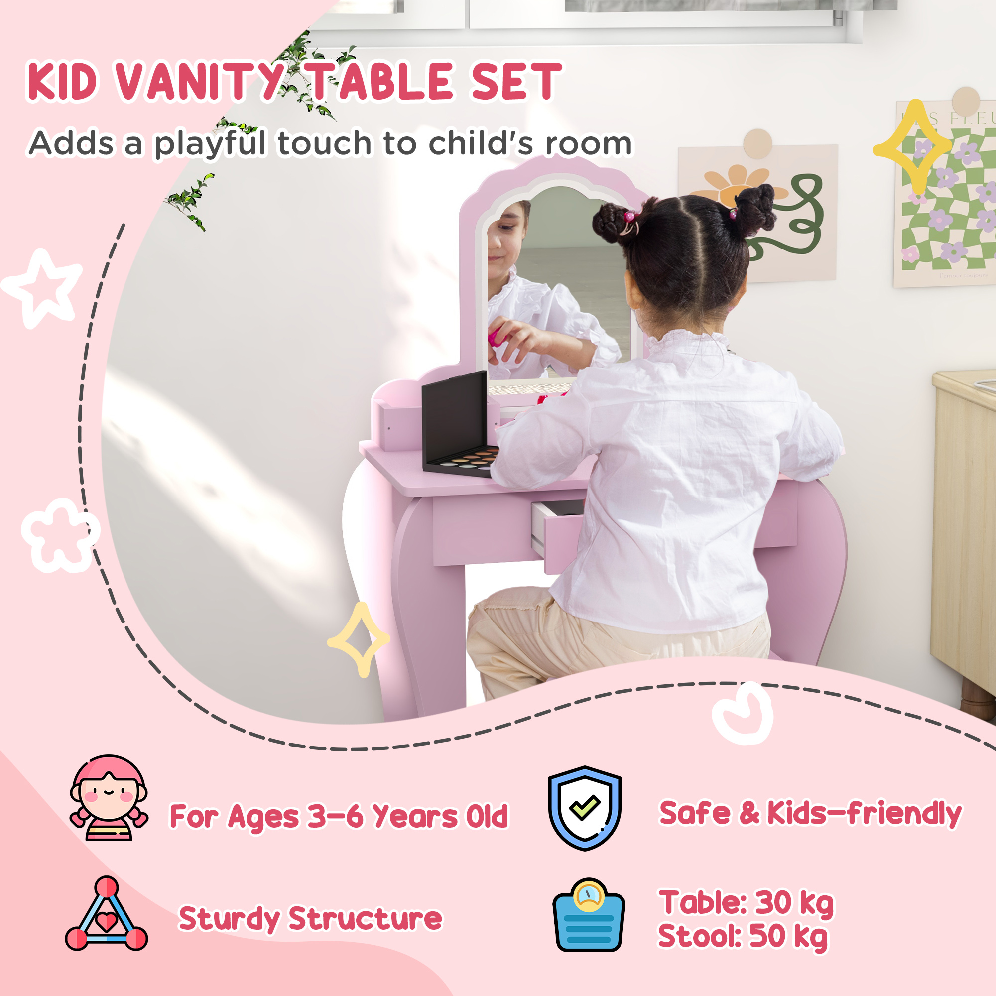 ZONEKIZ Cloud-Design Wooden Bedroom Furniture Set for Kids, Includes Dressing Table, Stool, Bed, 3-6 Years
