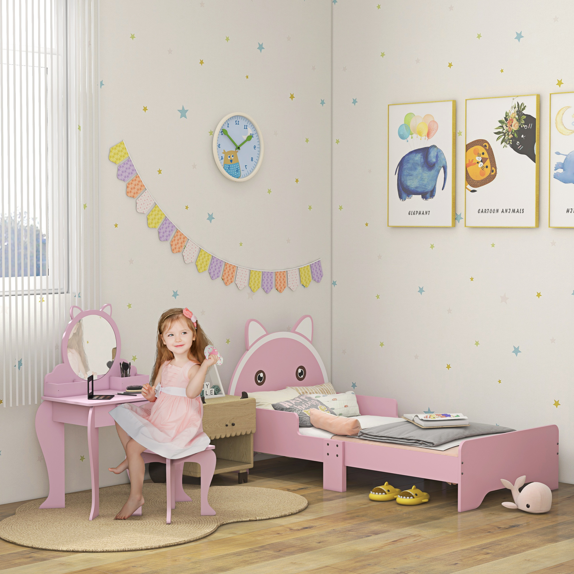ZONEKIZ Wooden Children's Bedroom Set with Dressing Table, Stool, Bed, Cat Motif for Ages 3-6, Multicolour