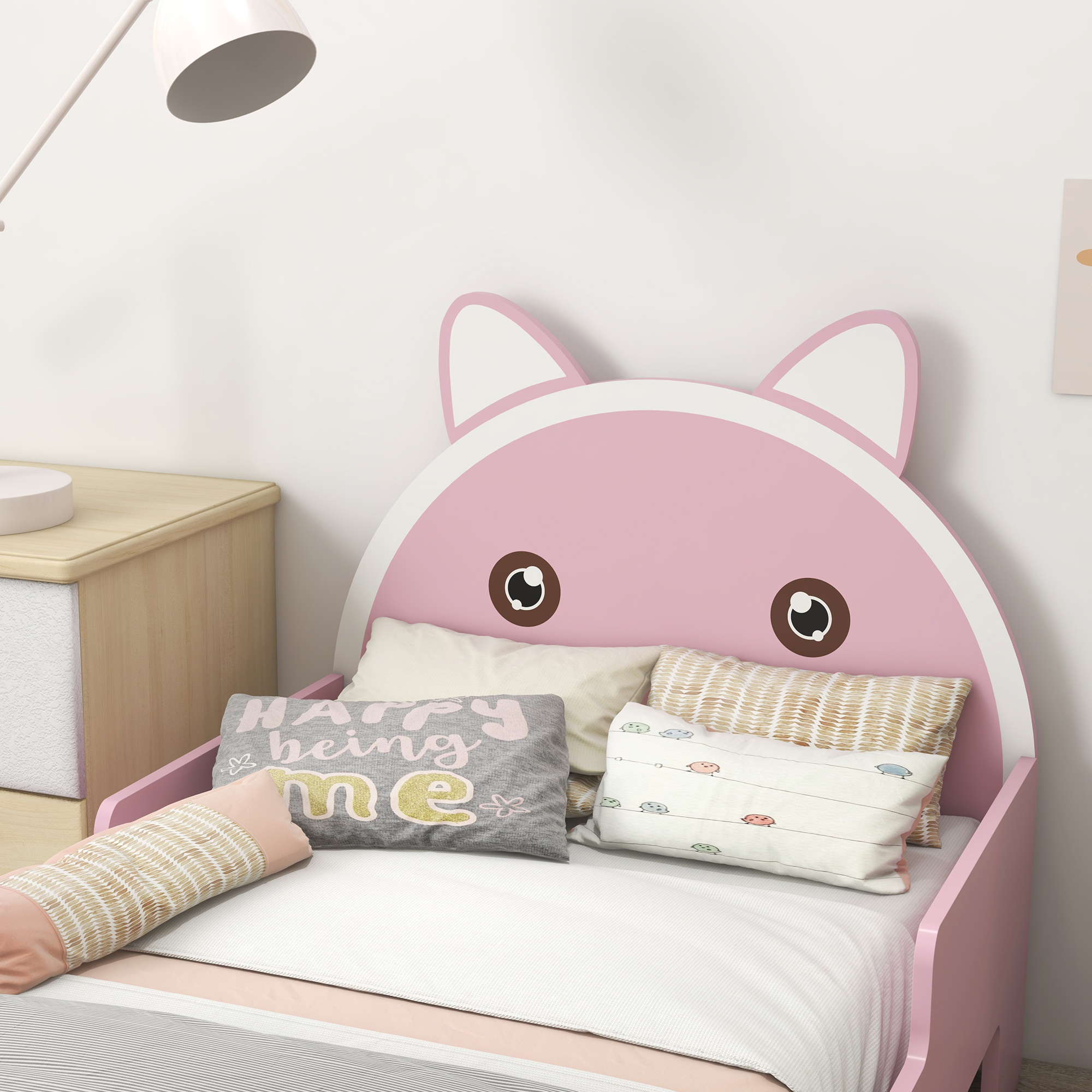 ZONEKIZ Wooden Children's Bedroom Set with Dressing Table, Stool, Bed, Cat Motif for Ages 3-6, Multicolour