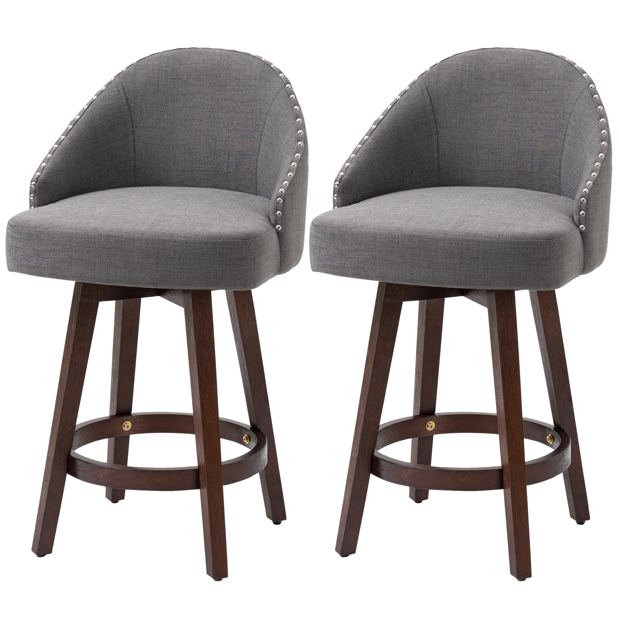HOMCOM Bar Stools Set of 2, Nailhead Breakfast Bar Stools with Rubber Wood Legs and Footrest for Dining Room, Counter, Pub, Dark Grey