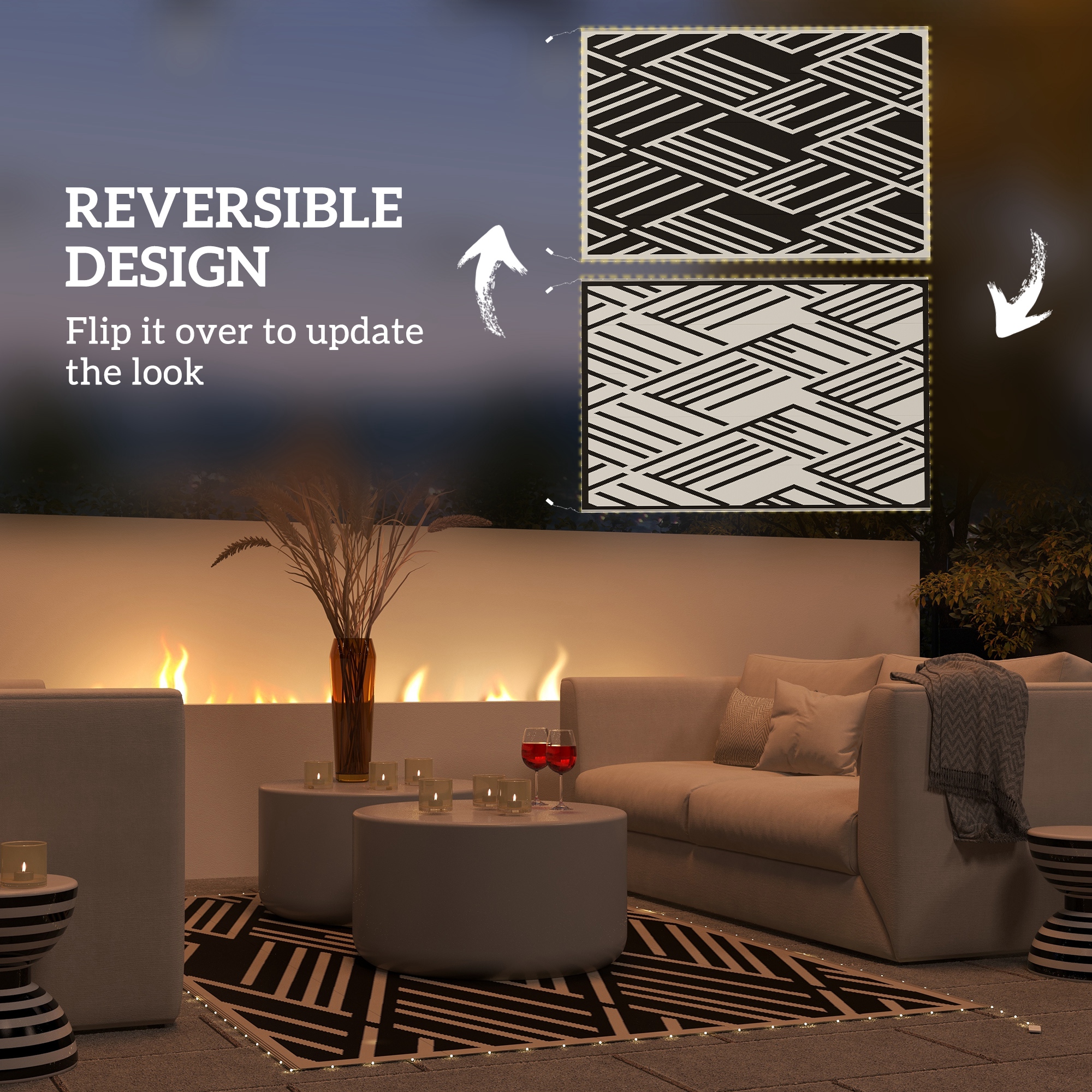 Outsunny Reversible Outdoor Rug with LED Lights, Plastic Straw, 182 x 274cm, Black and Coffee