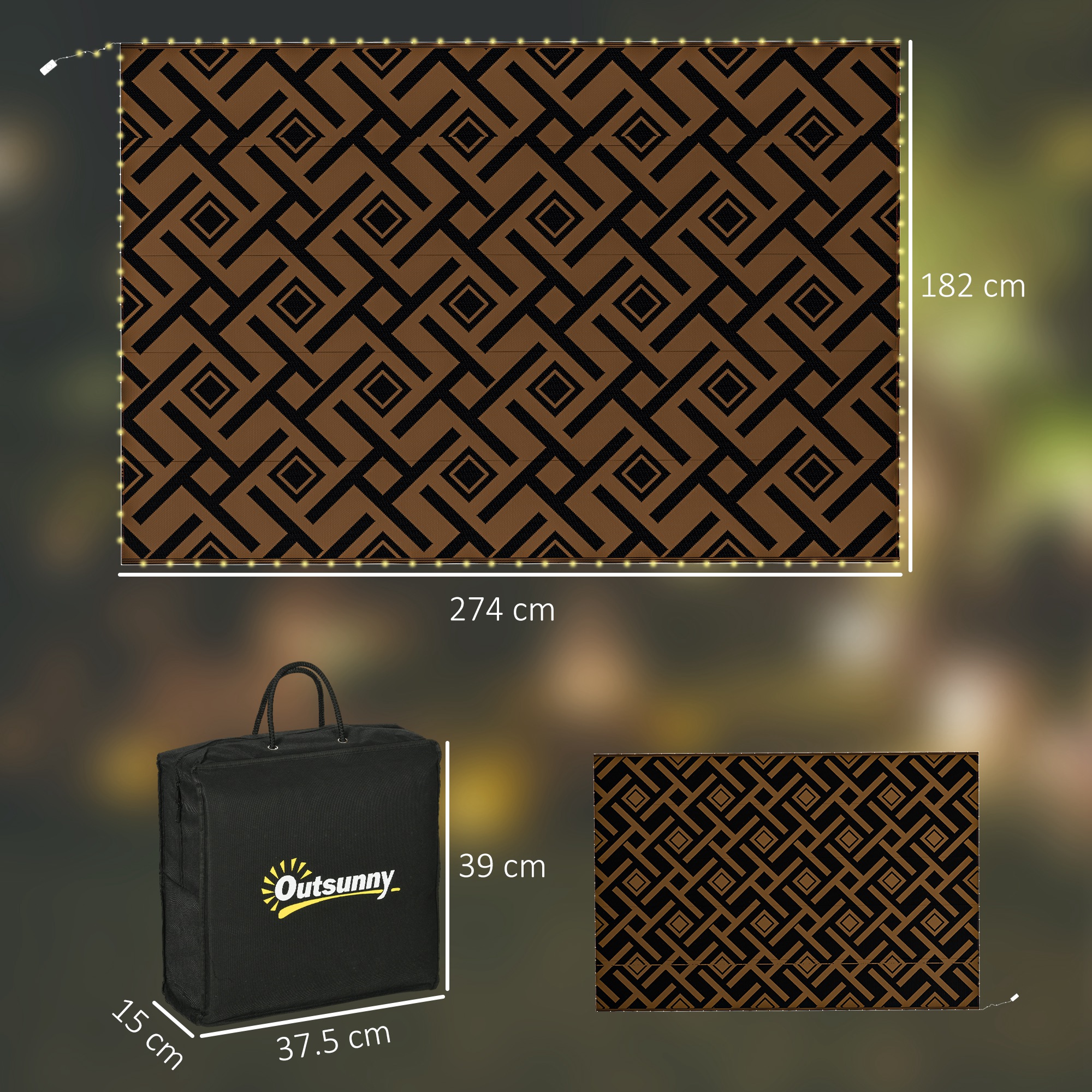 Outsunny Reversible RV Outdoor Rug with LED String Light, Plastic Straw, 182 x 274cm, Brown and Black