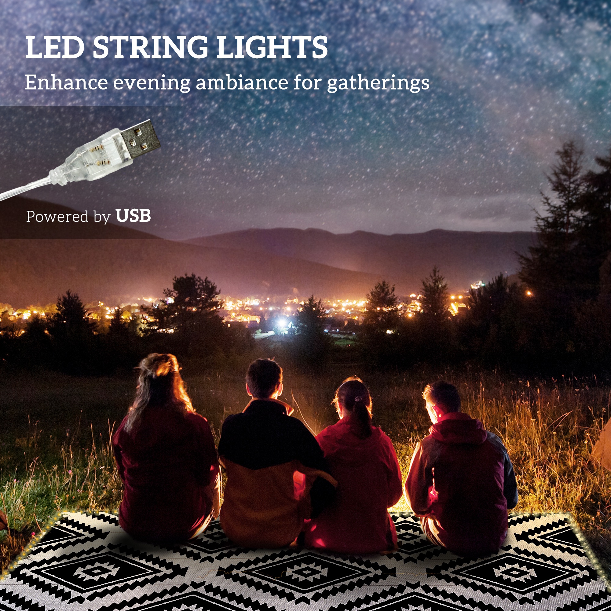 Outsunny Reversible Outdoor Rug with LED Lights, Plastic Straw, 182 x 274cm, Black and White