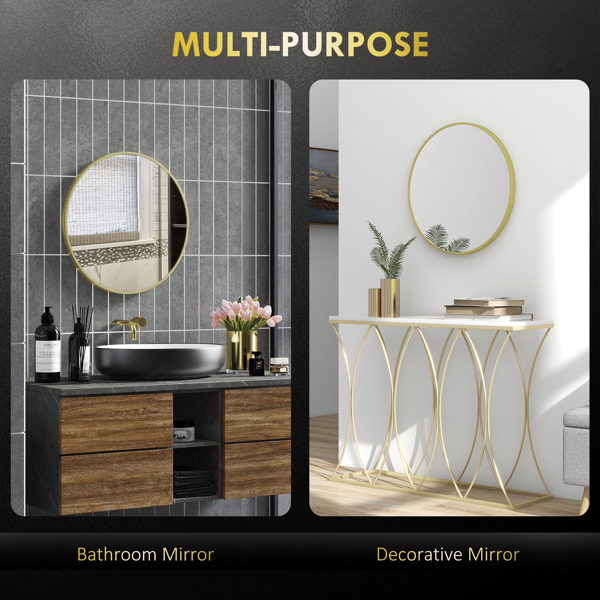 HOMCOM Round Bathroom Mirror, Modern Wall-mounted Vanity Mirror with Aluminium Frame and Easy Install Hook for Living Room, Entryway, 60 x 60cm, Gold Tone