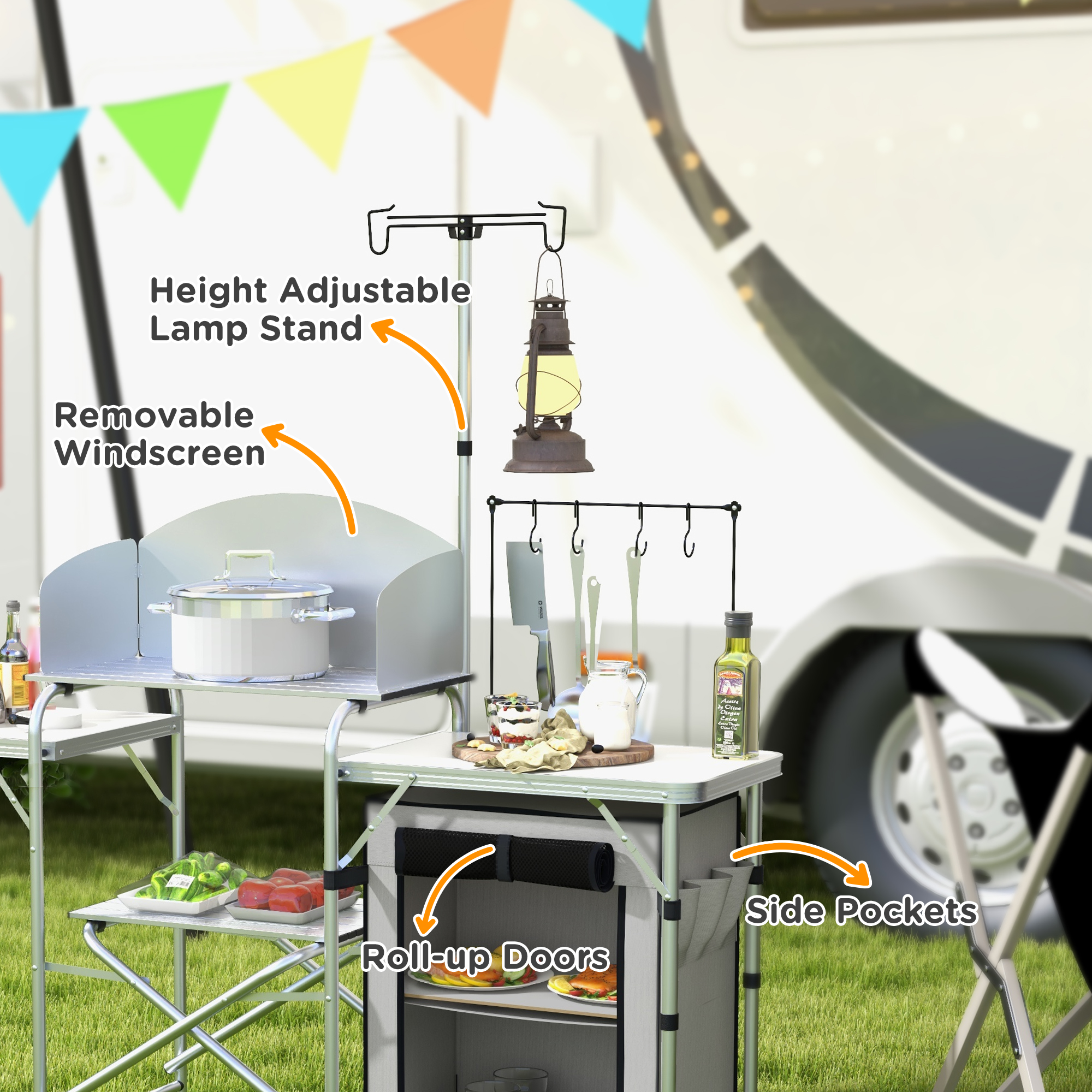 Outsunny Portable Camping Kitchen with Cupboard, Aluminium Folding Table with Windshield & Light Stand, Includes Carrying Bag