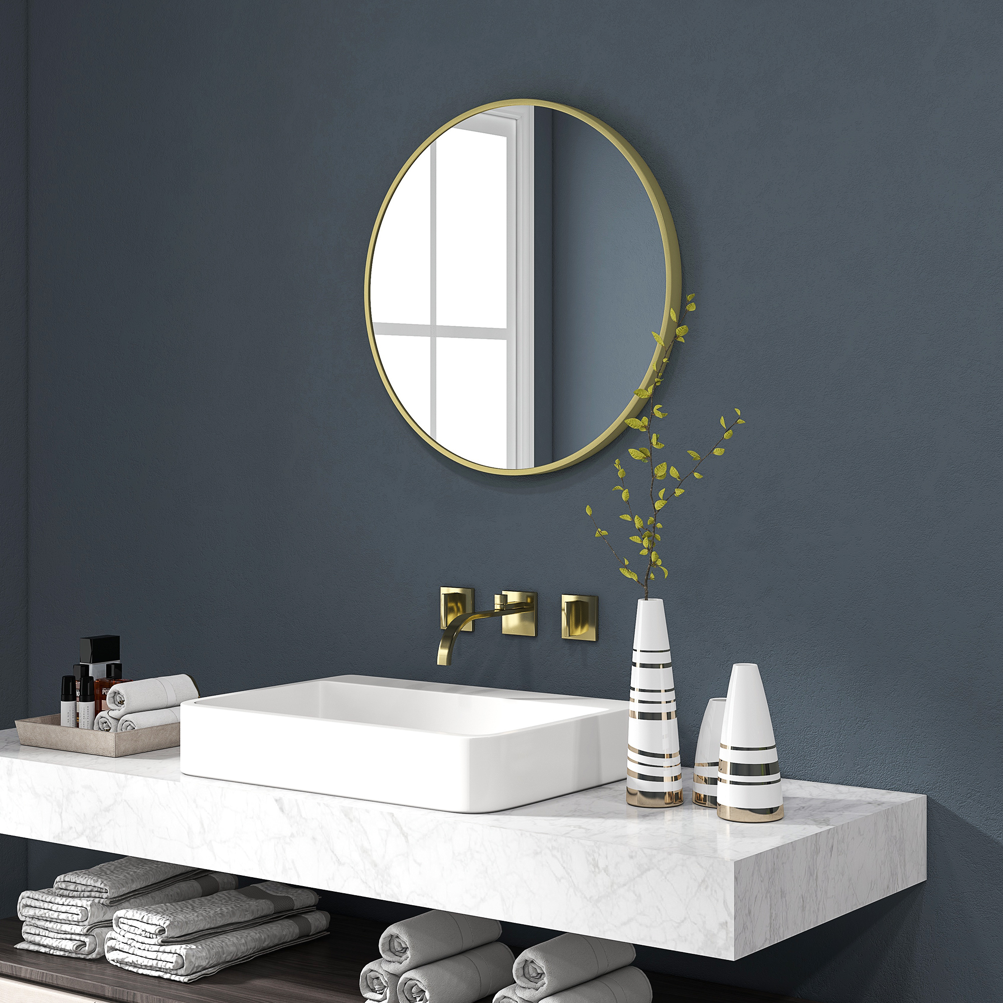 HOMCOM Round Bathroom Mirror, Modern Wall-mounted Vanity Mirror with Aluminium Frame and Easy Install Hook for Living Room, Entryway, 60 x 60cm, Gold Tone