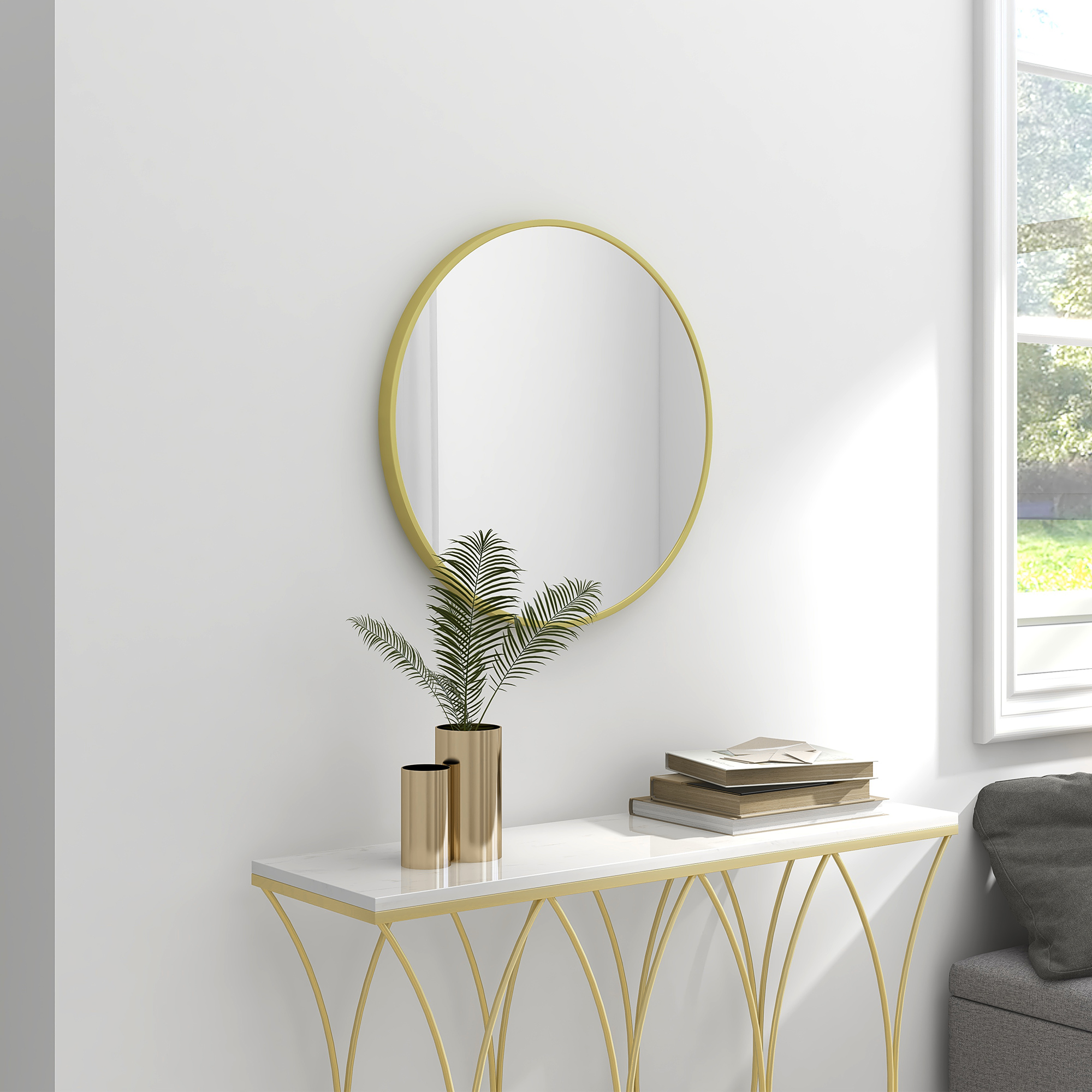 HOMCOM Round Bathroom Mirror, Modern Wall-mounted Vanity Mirror with Aluminium Frame and Easy Install Hook for Living Room, Entryway, 60 x 60cm, Gold Tone