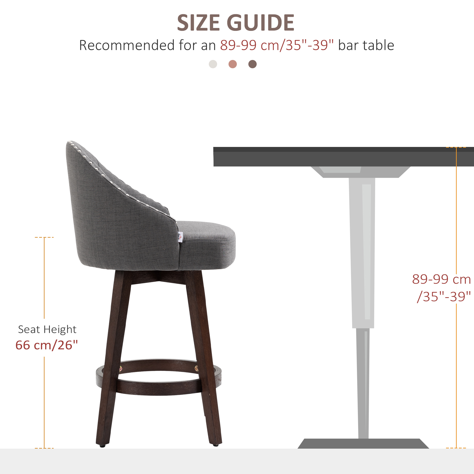 HOMCOM Bar Stools Set of 2, Nailhead Breakfast Bar Stools with Rubber Wood Legs and Footrest for Dining Room, Counter, Pub, Dark Grey