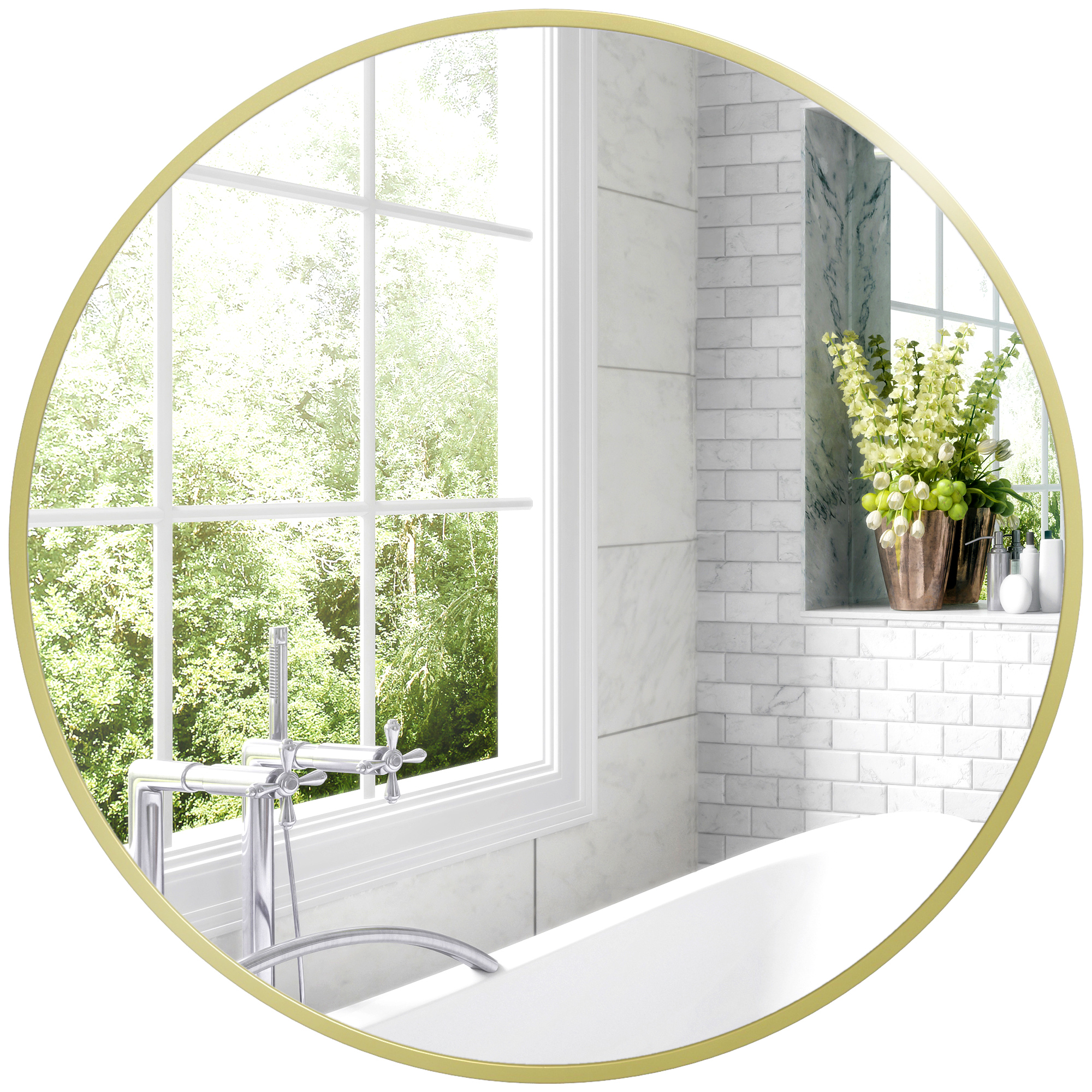 HOMCOM Espejo de Baño Redondo Ø60 cm Espejo Decorativo de Pared con Marco de Aluminio y Gancho Fácil Instalación Dorado   Aosom España