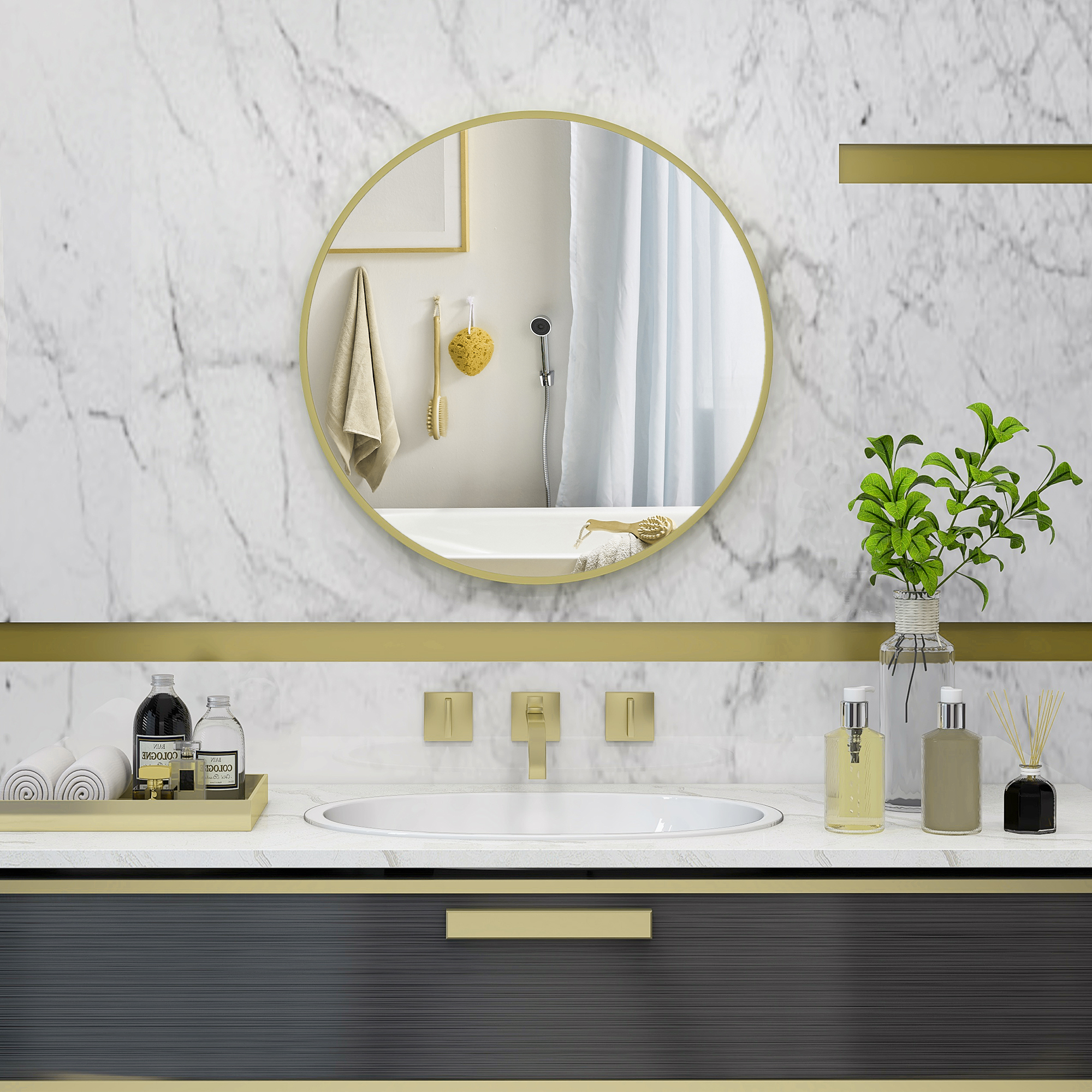HOMCOM Round Bathroom Mirror, Modern Wall-mounted Vanity Mirror with Aluminium Frame and Easy Install Hook for Living Room, Entryway, 60 x 60cm, Gold Tone