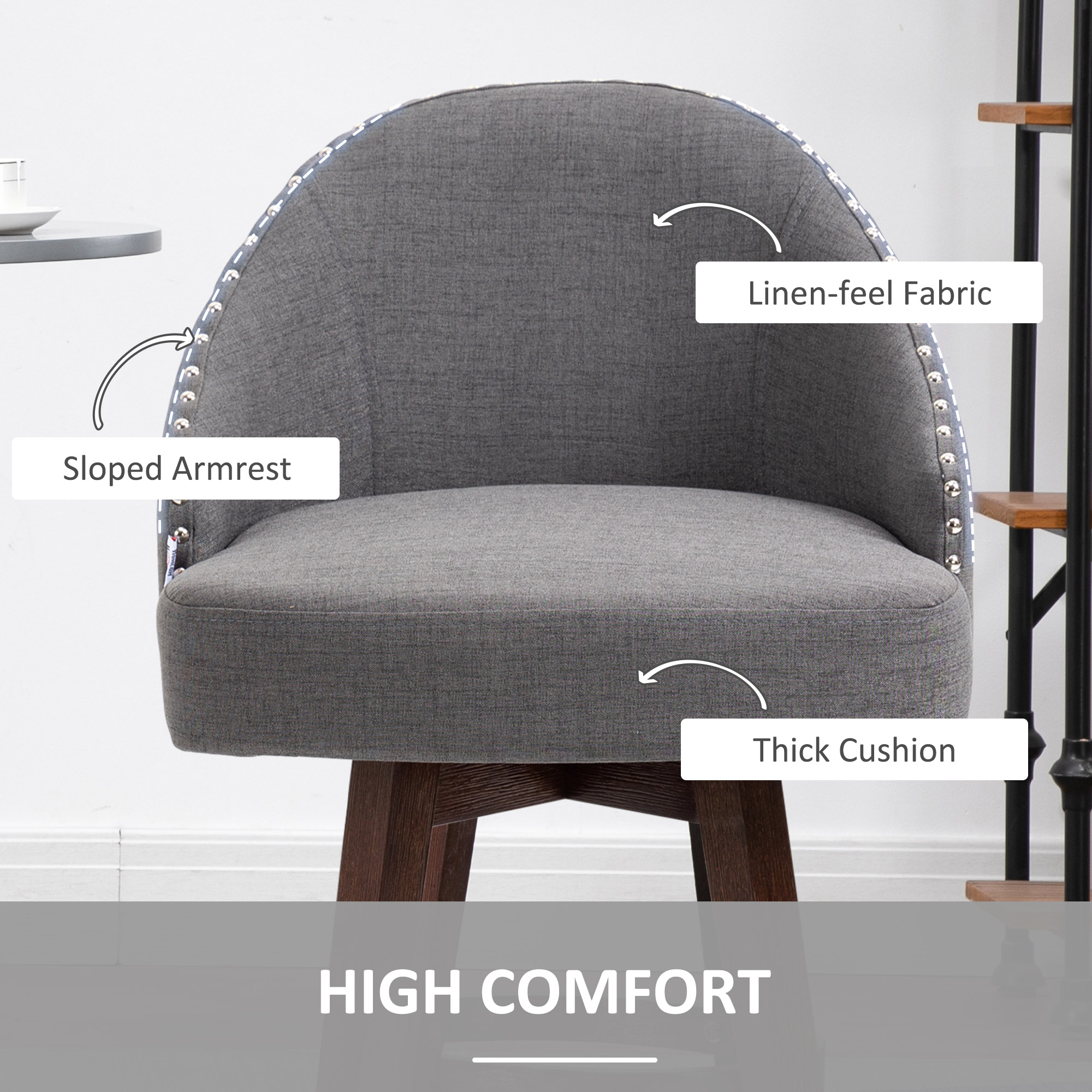 HOMCOM Bar Stools Set of 2, Nailhead Breakfast Bar Stools with Rubber Wood Legs and Footrest for Dining Room, Counter, Pub, Dark Grey