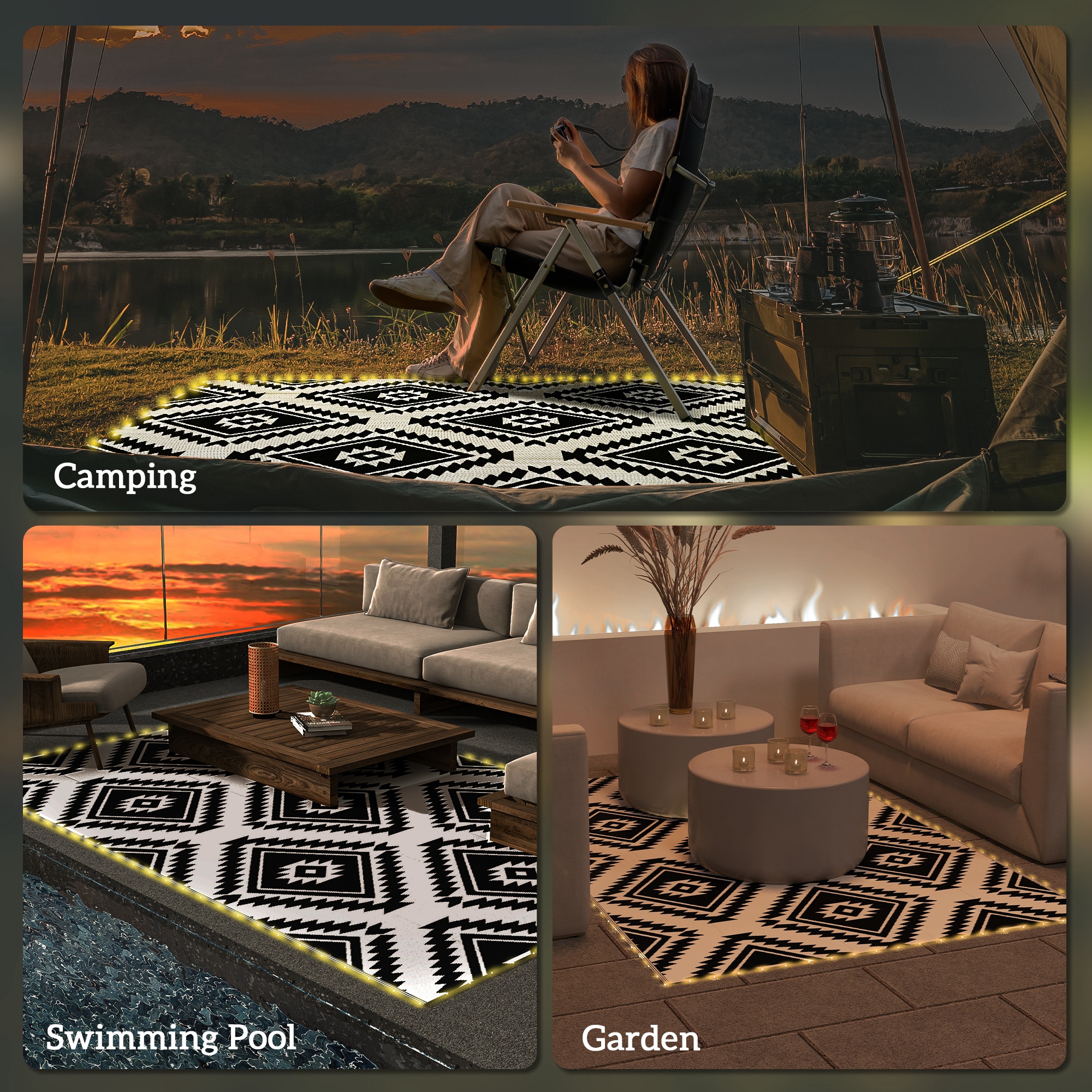 Outsunny Reversible Outdoor Rug with LED Lights, Plastic Straw, 182 x 274cm, Black and White
