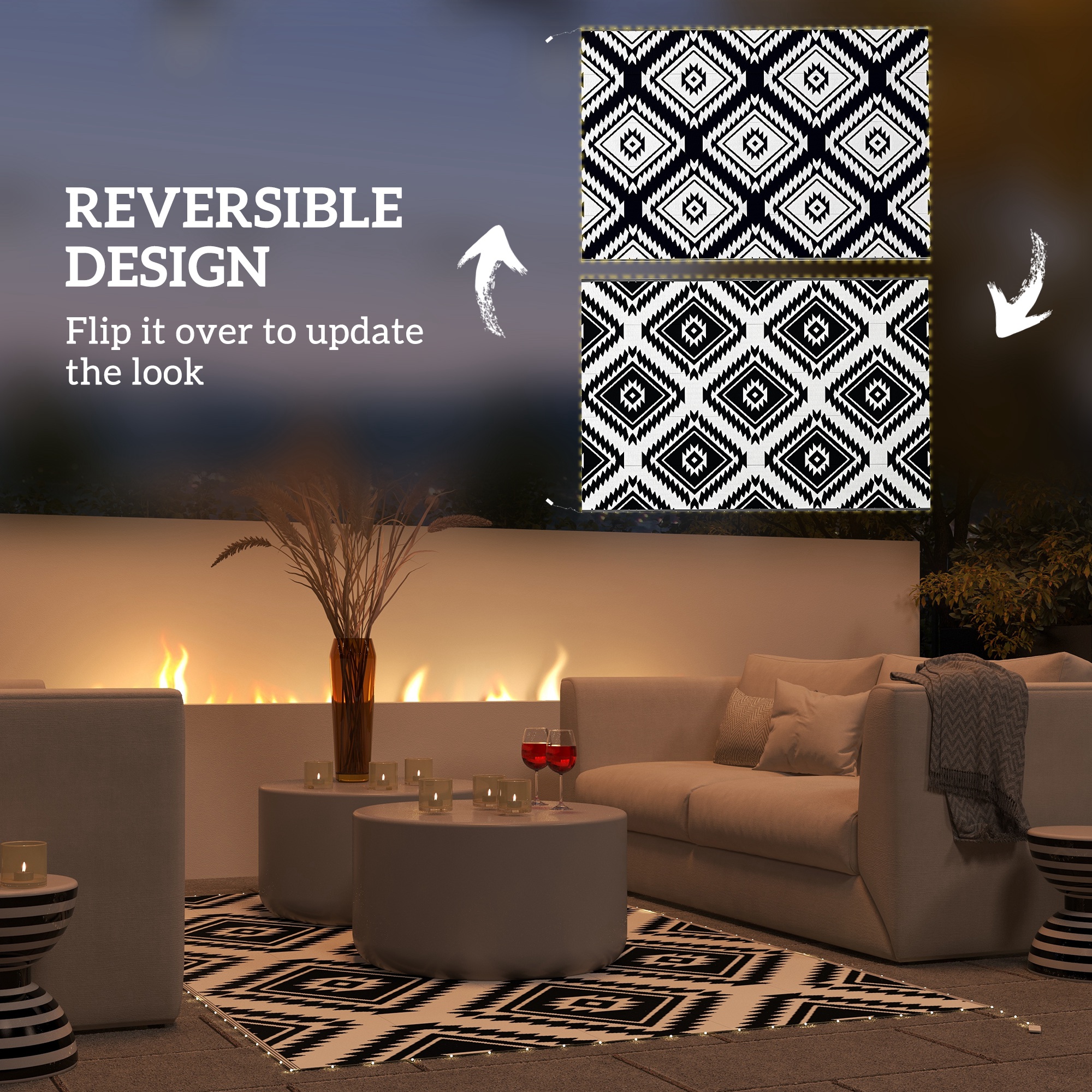 Outsunny Reversible Outdoor Rug with LED Lights, Plastic Straw, 182 x 274cm, Black and White