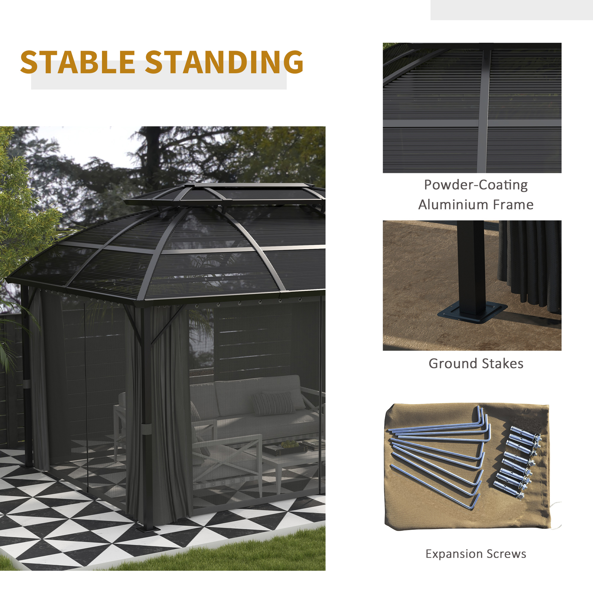 Outsunny 4 x 3m Aluminium Frame Hard Gazebo, with Accessories - Black