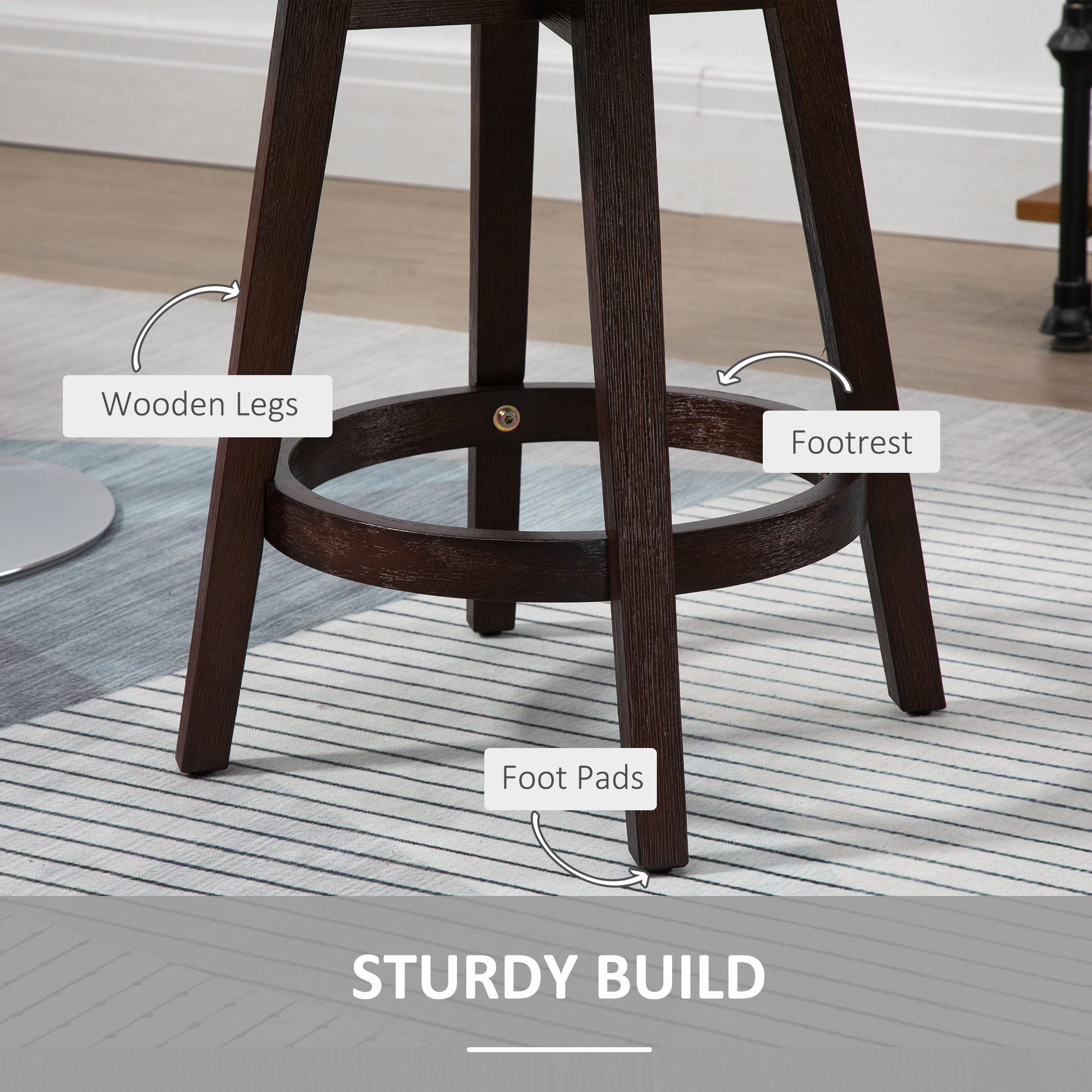 HOMCOM Bar Stools Set of 2, Nailhead Breakfast Bar Stools with Rubber Wood Legs and Footrest for Dining Room, Counter, Pub, Dark Grey