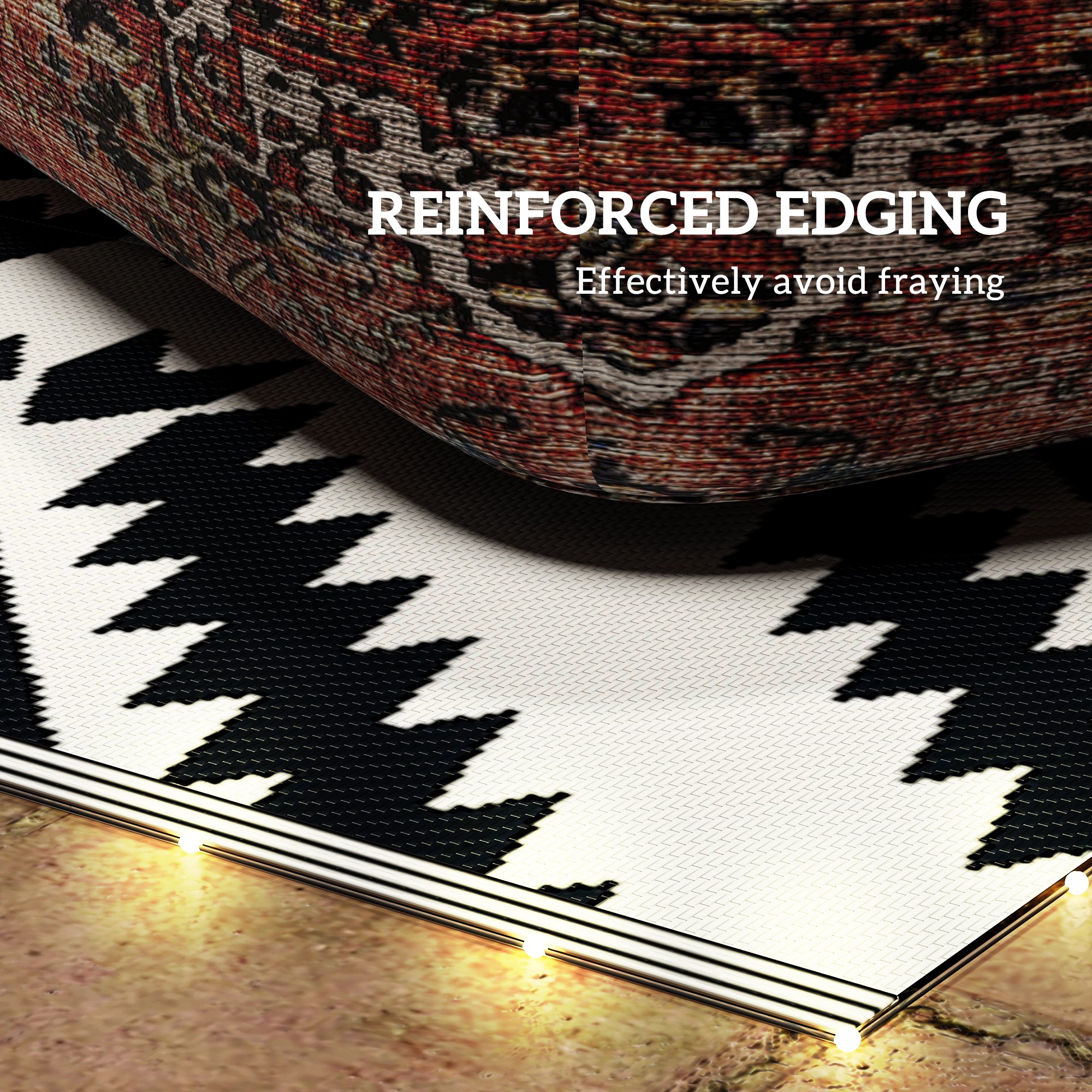 Outsunny Reversible Outdoor Rug with LED Lights, Plastic Straw, 182 x 274cm, Black and White