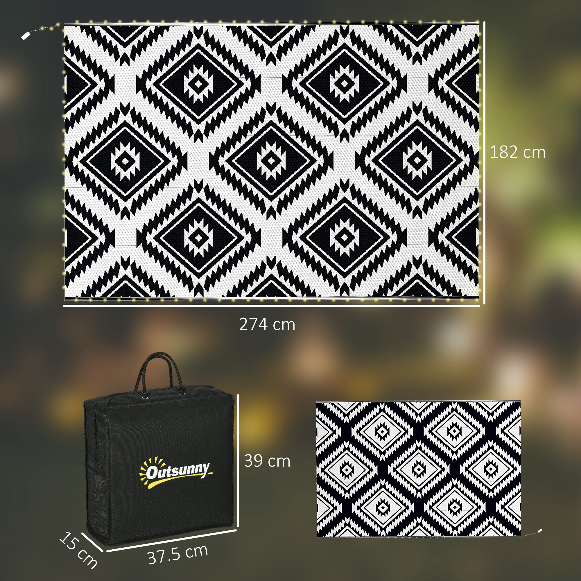 Outsunny Reversible Outdoor Rug with LED Lights, Plastic Straw, 182 x 274cm, Black and White