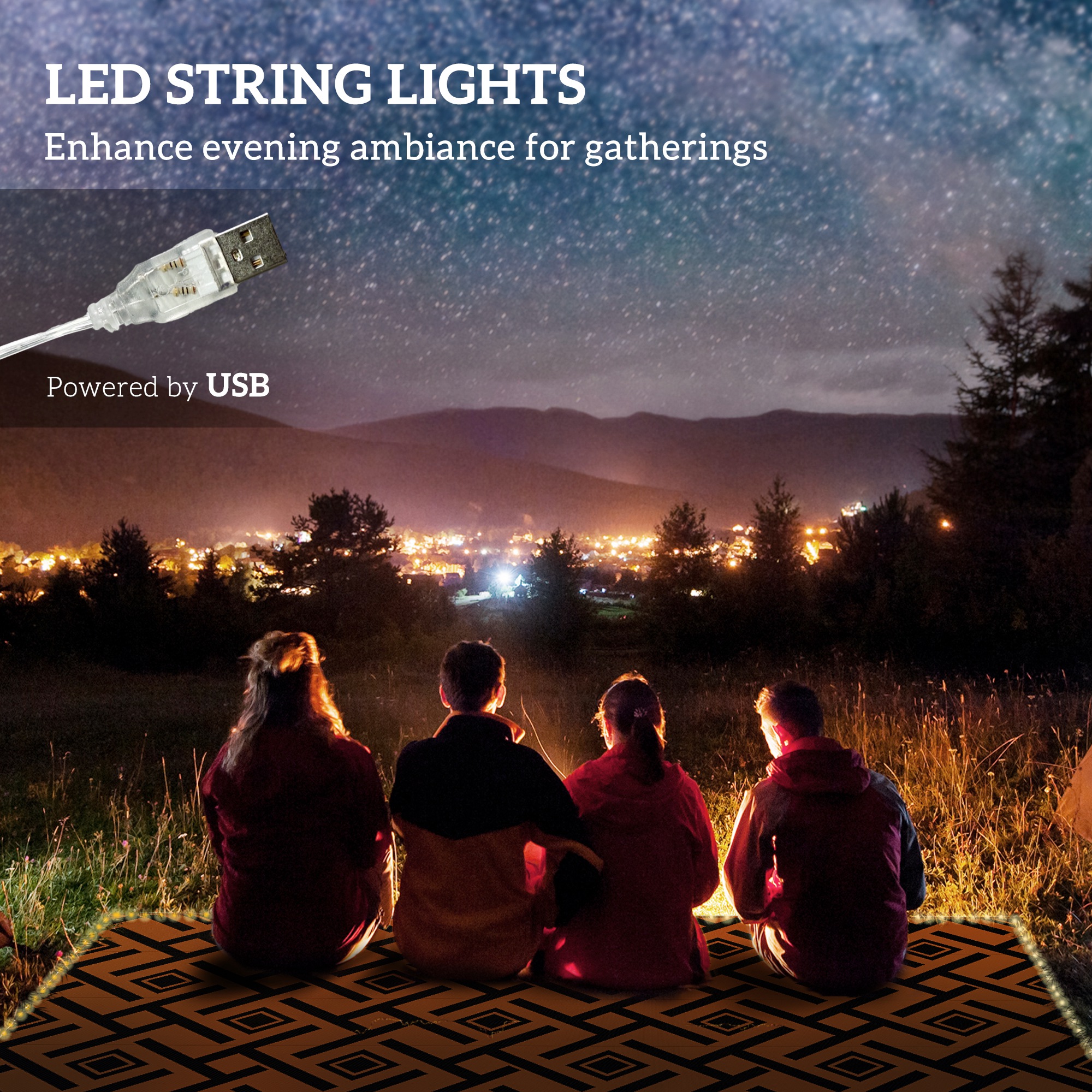 Outsunny Reversible RV Outdoor Rug with LED String Light, Plastic Straw, 182 x 274cm, Brown and Black
