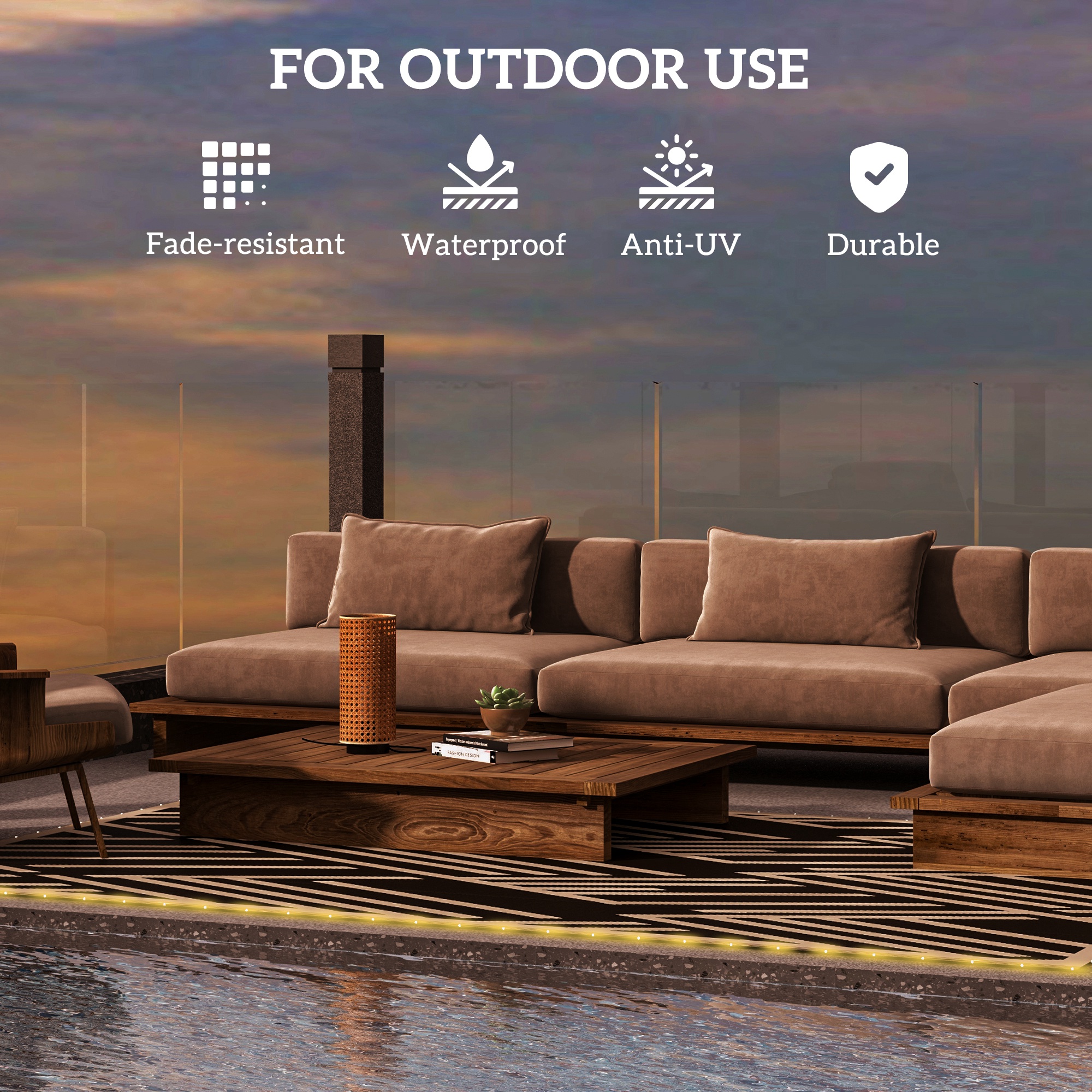 Outsunny Reversible Outdoor Rug with LED Lights, Plastic Straw, 182 x 274cm, Black and Coffee
