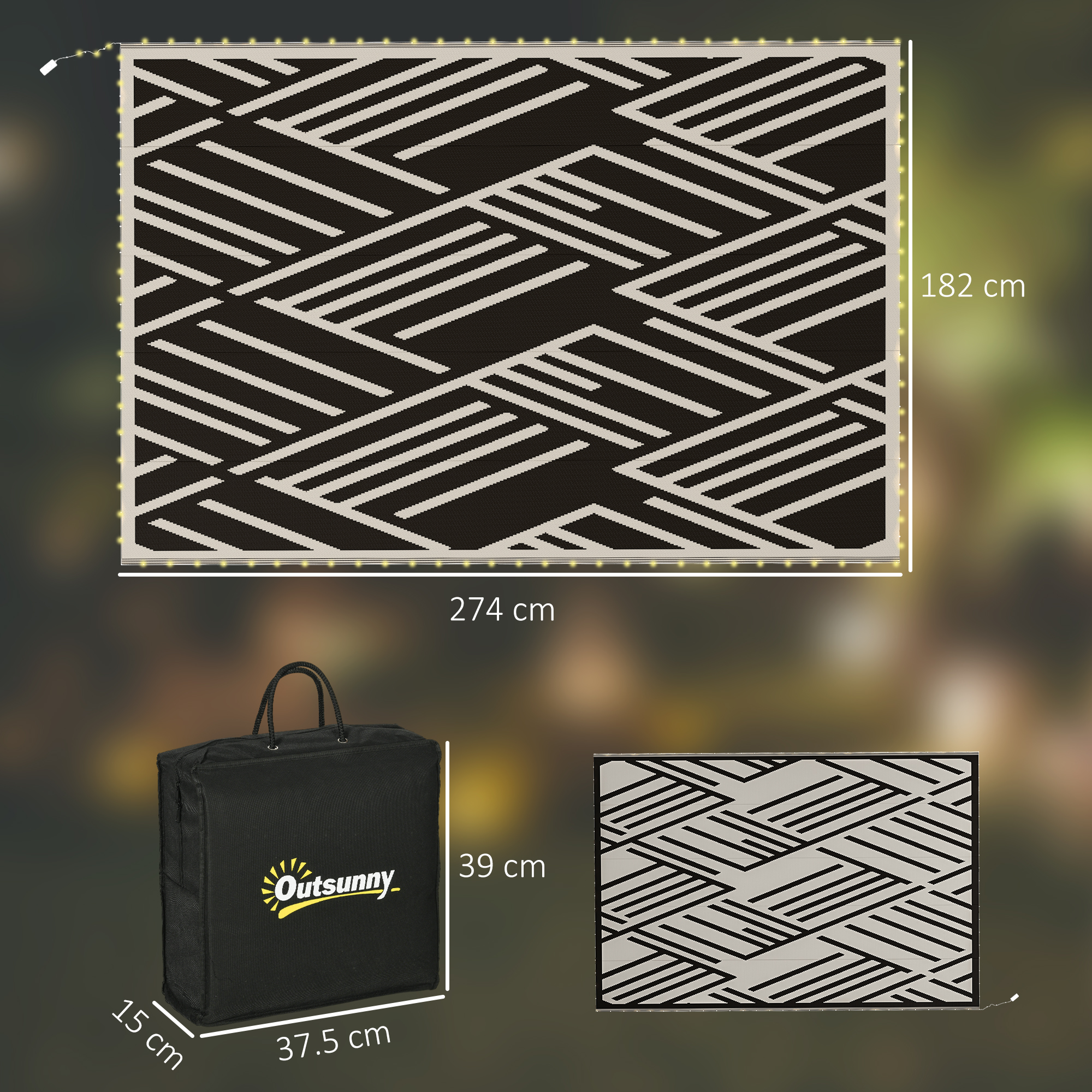 Outsunny Reversible Outdoor Rug with LED Lights, Plastic Straw, 182 x 274cm, Black and Coffee