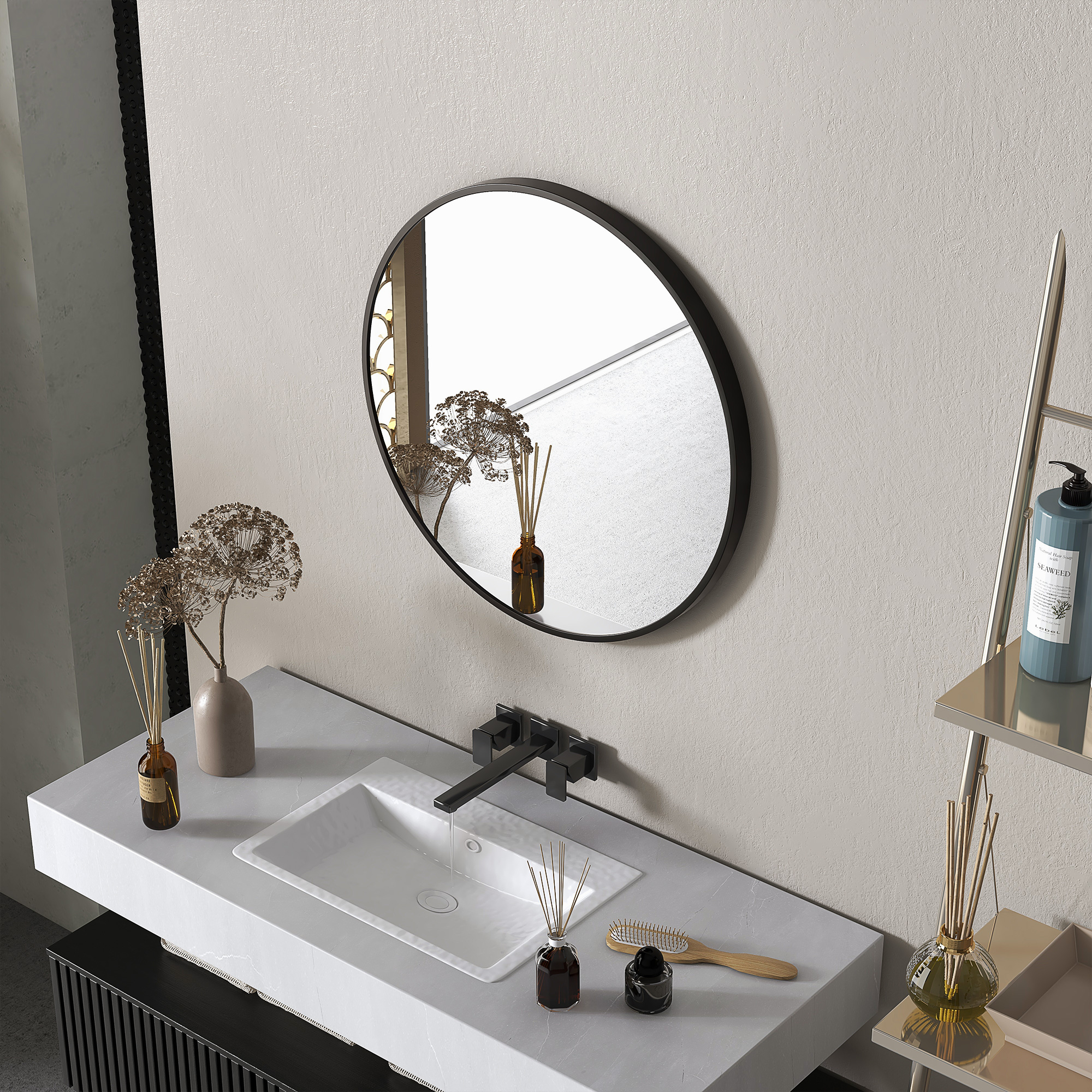 HOMCOM Round Bathroom Mirror, Modern Wall-mounted Vanity Mirror with Aluminium Frame and Easy Install Hook for Living Room, Entryway, 70 x 70cm, Black