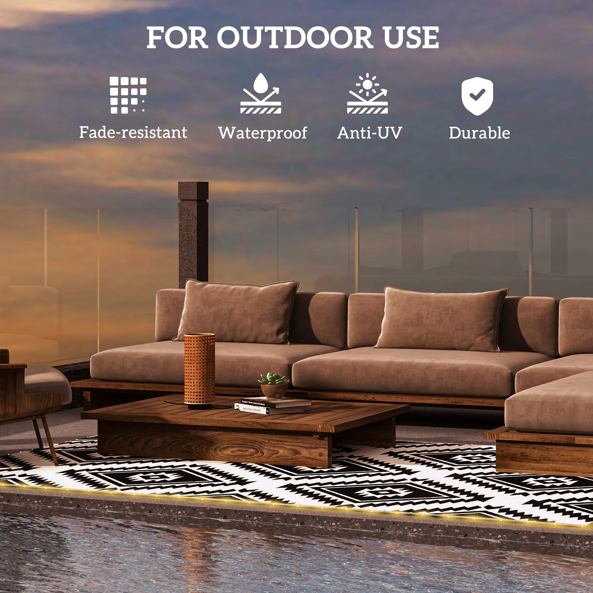 Outsunny Reversible Outdoor Rug with LED Lights, Plastic Straw, 182 x 274cm, Black and White