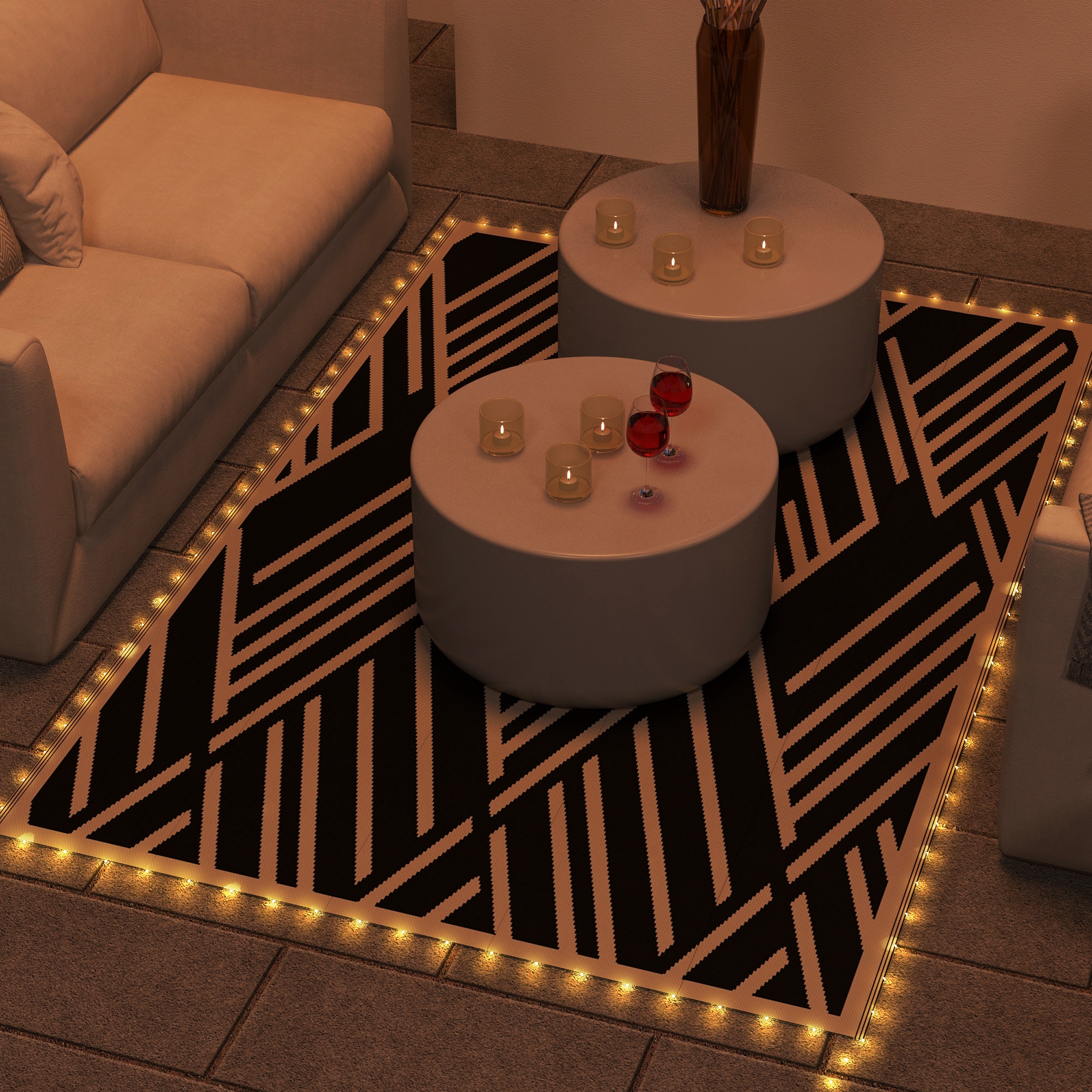Outsunny Reversible Outdoor Rug with LED Lights, Plastic Straw, 182 x 274cm, Black and Coffee