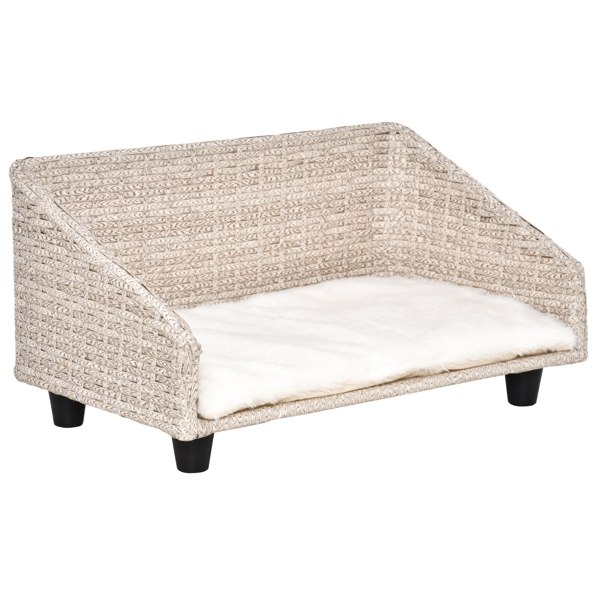 Image of PawHut Cuccia per Cani e Gatti Rialzata in Rattan con Cuscino Lavabile Bianco, Lettino per Animali da Interno, 70.5x40x37.5cm, Beige