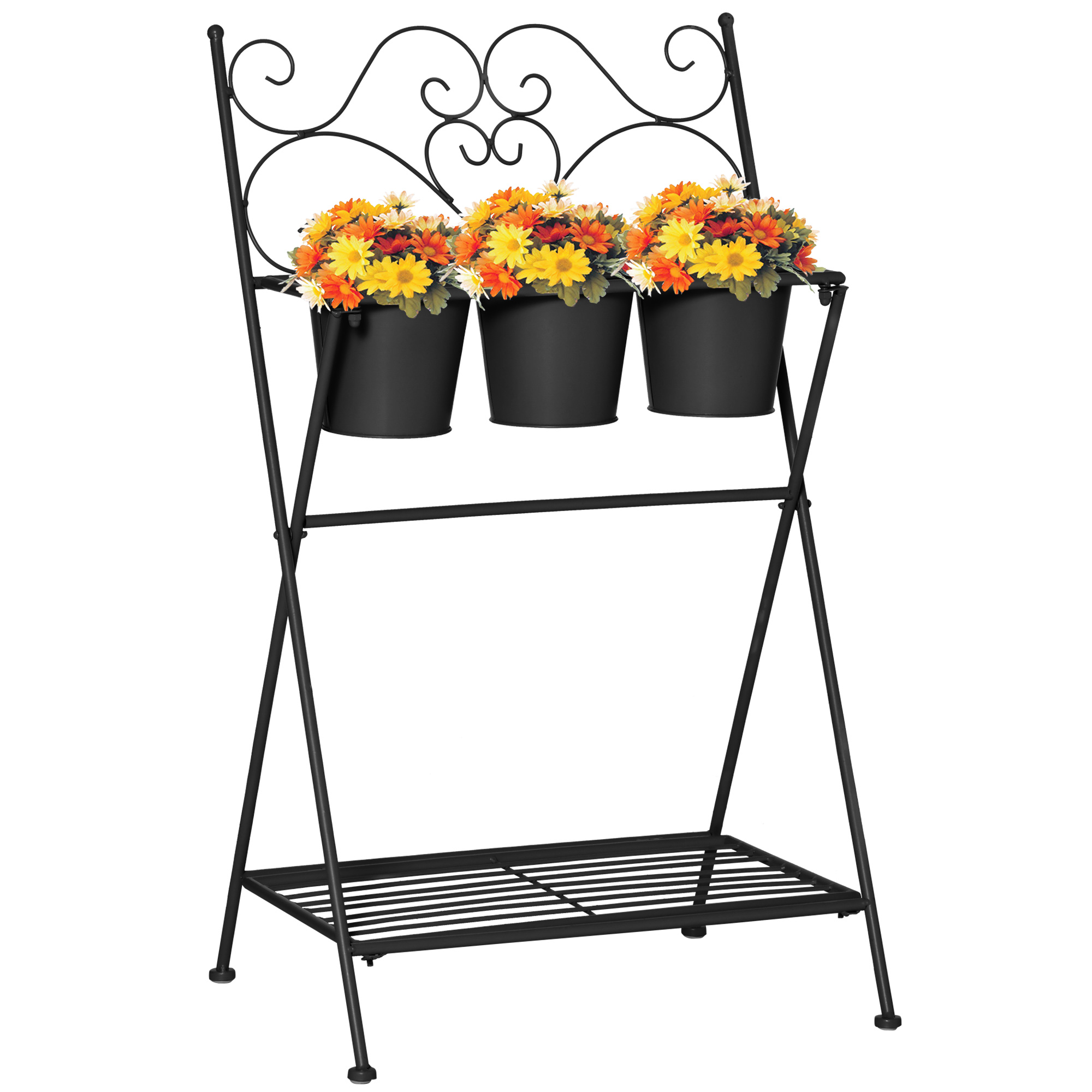 Outsunny Portapiante in Metallo Pieghevole con 3 Vasi, Scaffale per Piante con Ripiano per Casa e Giardino, 47x37x78.5cm, Nero