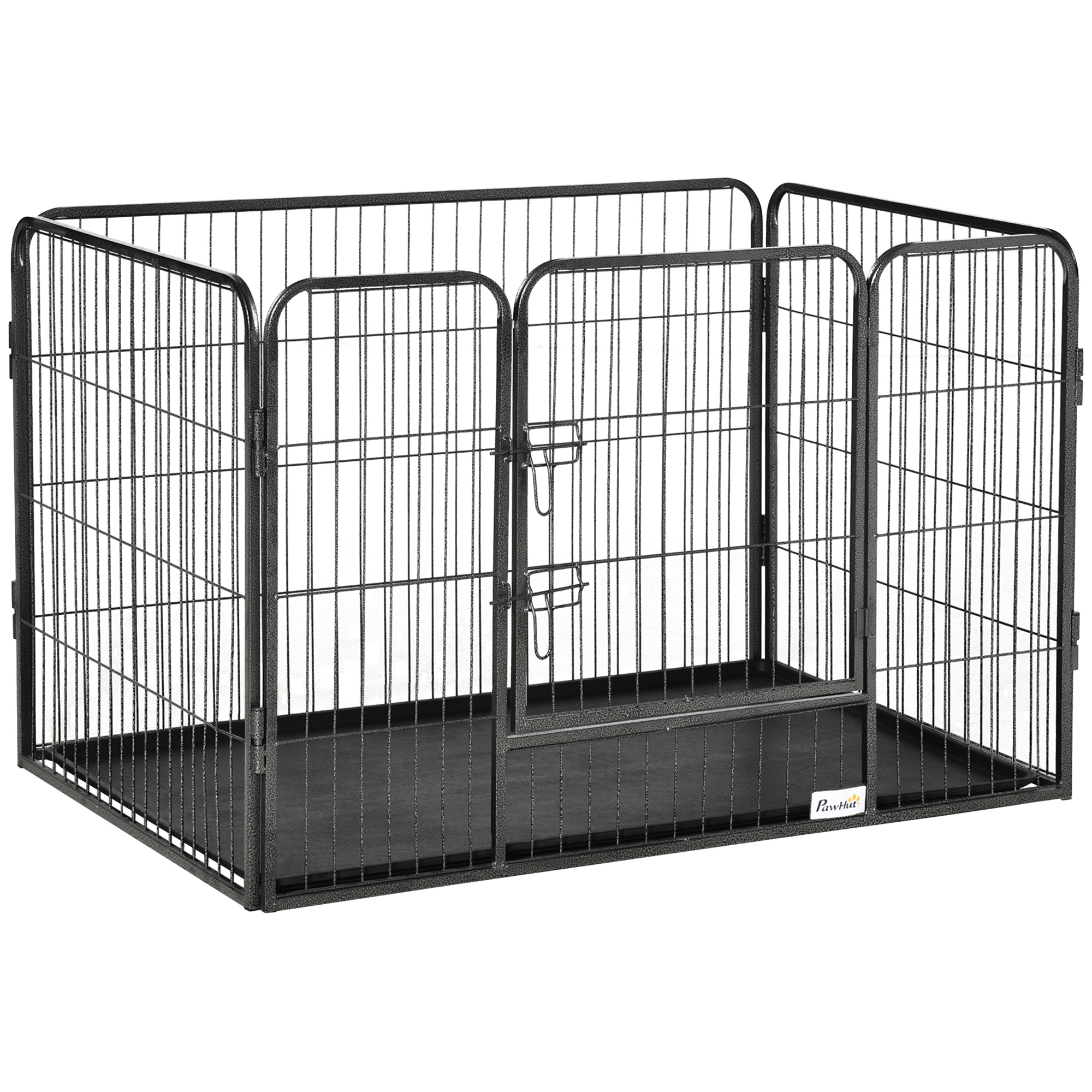 Image of PawHut Box per Cani Recinzione in Metallo per Animali con 4 Pannelli, Porta con Doppio Blocco e Vassoio sul Fondo, 109x74x71cm, Grigio