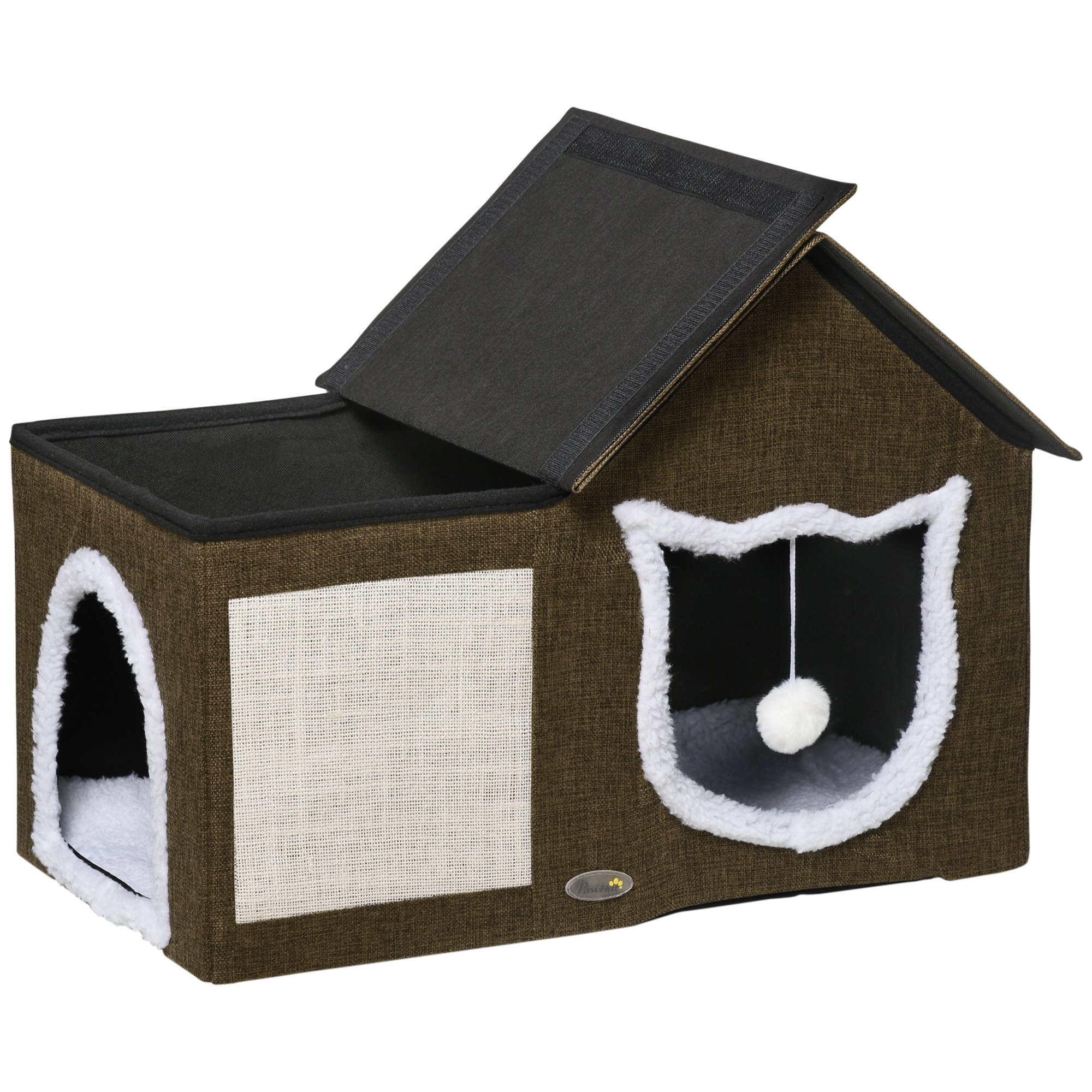PawHut Casetta Per Gatti Con Due Porte, Pallina Gioco, Cuscino Morbido E Tappetino Tiragraffi – 65x41x45.5 Cm, Marrone E Crema