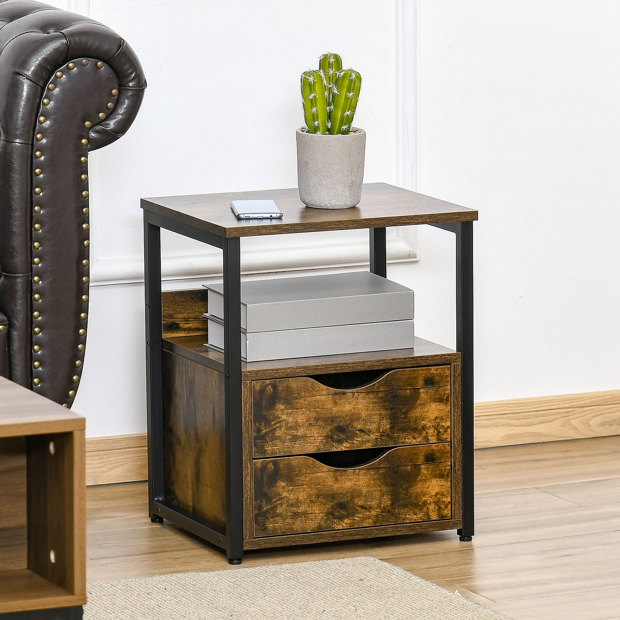 HOMCOM Industrial Side Table with Storage Drawer and Shelf, Slim Sofa Table Bedside Cabinet, Rustic Brown