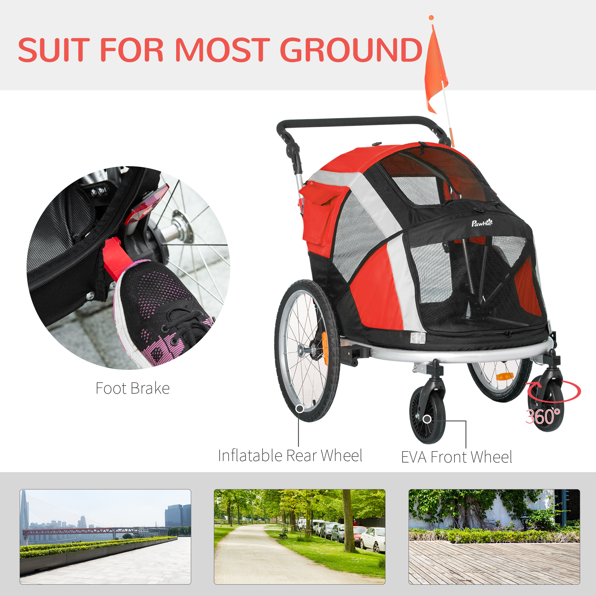 PawHut Foldable Dog Bike Trailer, 2-in-1 Pet Cycling Carrier with Safety Leash, Flag for Small Animals, Camping, Hiking, Red