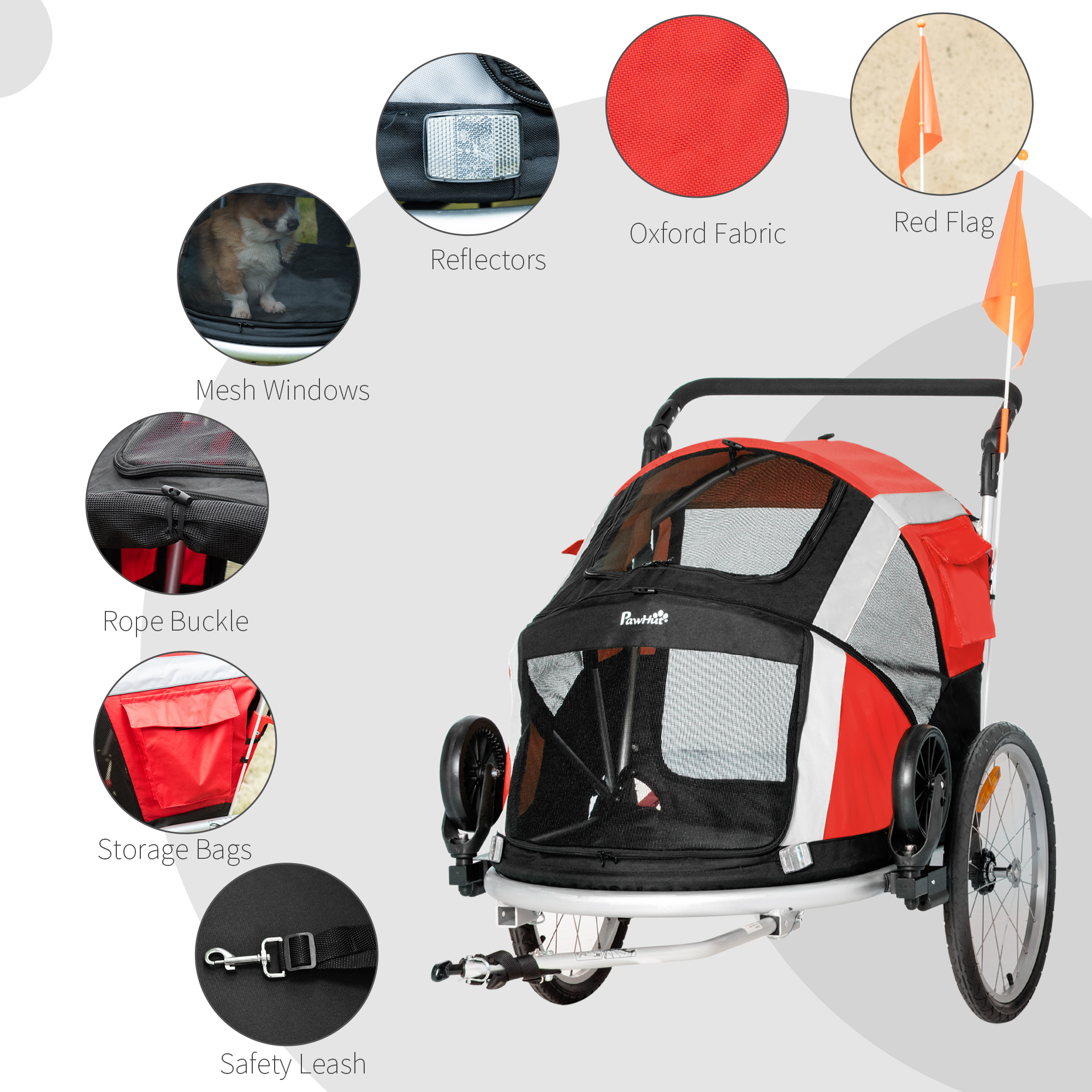 PawHut Foldable Dog Bike Trailer, 2-in-1 Pet Cycling Carrier with Safety Leash, Flag for Small Animals, Camping, Hiking, Red