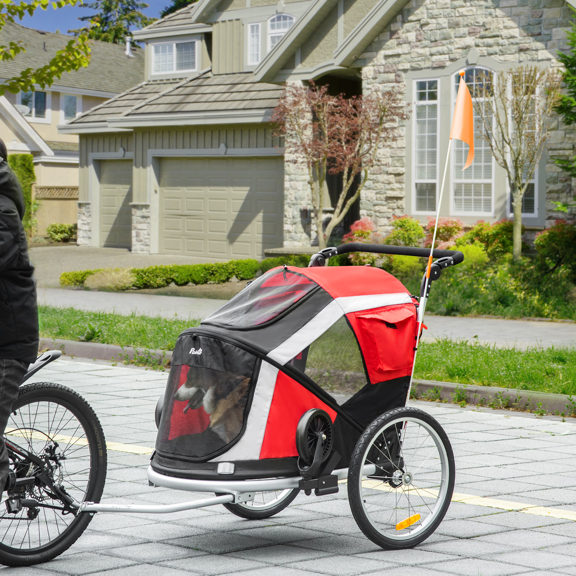 PawHut Foldable Dog Bike Trailer, 2-in-1 Pet Cycling Carrier with Safety Leash, Flag for Small Animals, Camping, Hiking, Red