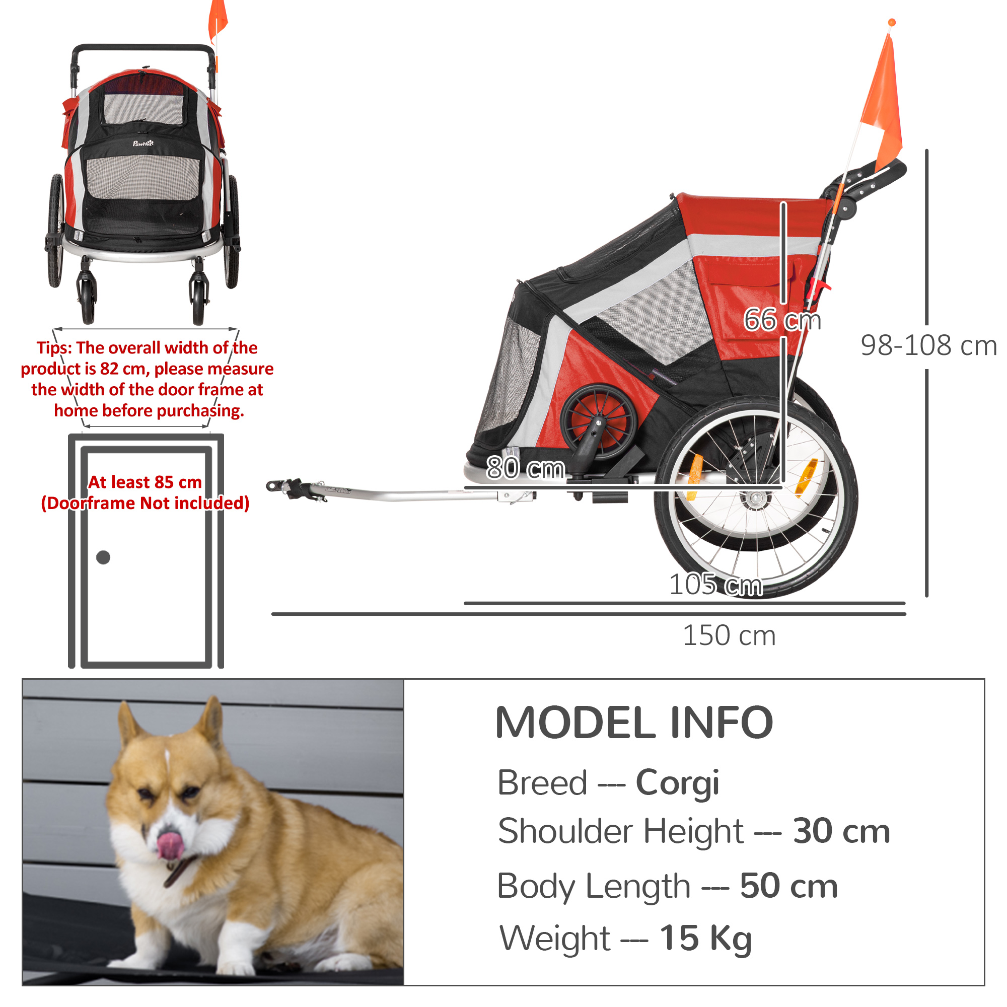 PawHut Foldable Dog Bike Trailer, 2-in-1 Pet Cycling Carrier with Safety Leash, Flag for Small Animals, Camping, Hiking, Red