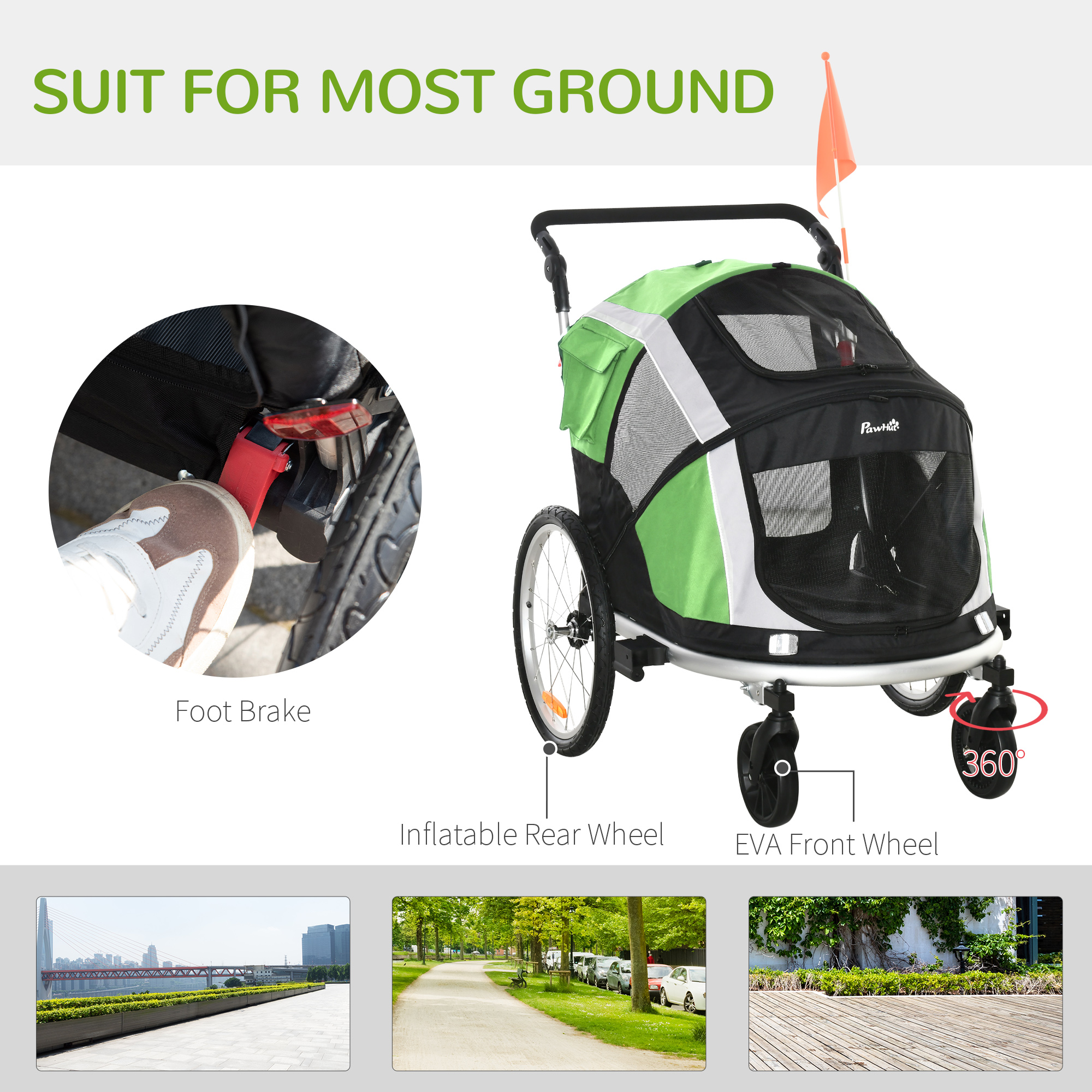 PawHut Dog Bike Trailer 2-in-1 Pet Stroller for Large Dogs Cart Foldable Bicycle Carrier Aluminium Frame with Safety Leash Hitch Coupler Flag Green