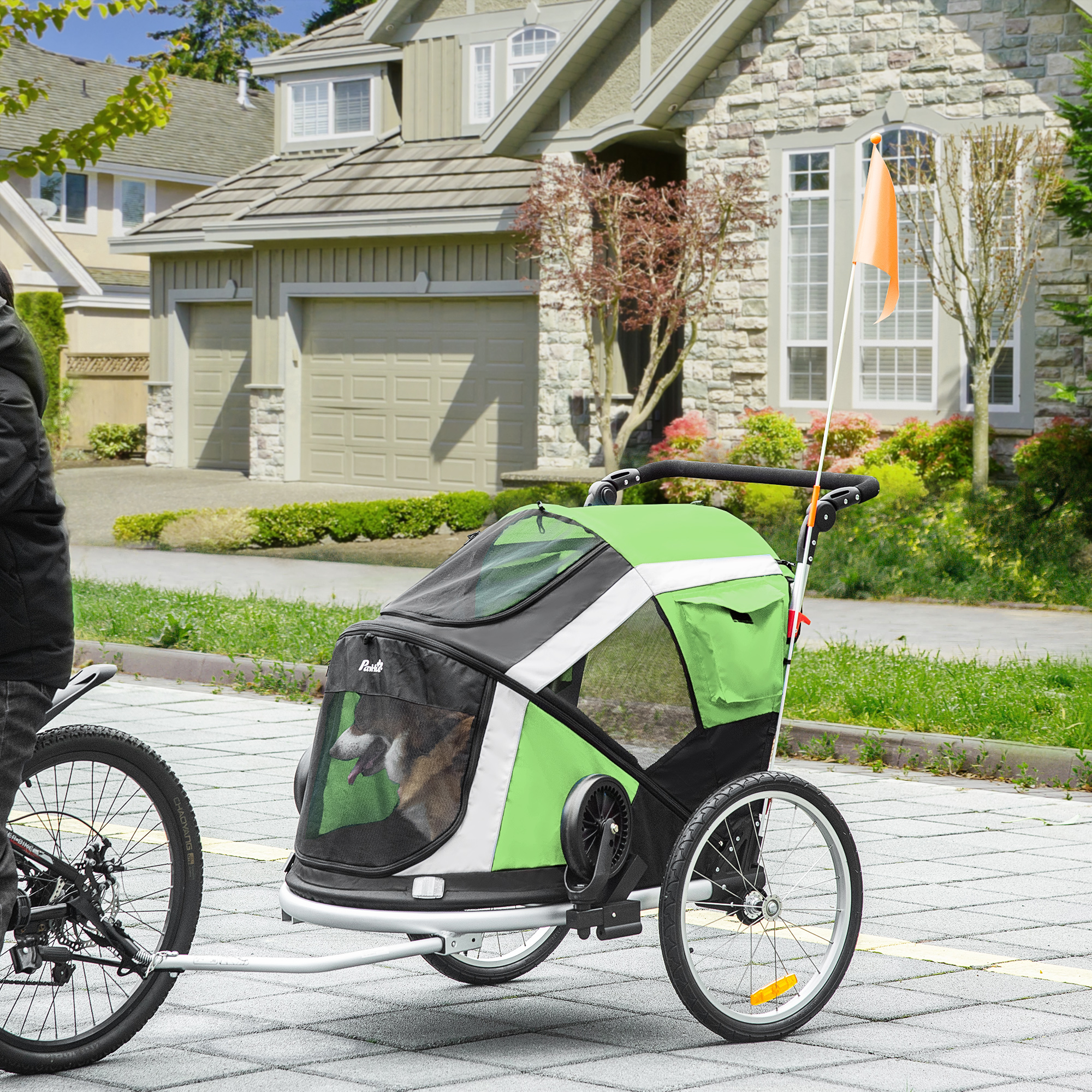 PawHut Dog Bike Trailer 2-in-1 Pet Stroller for Large Dogs Cart Foldable Bicycle Carrier Aluminium Frame with Safety Leash Hitch Coupler Flag Green
