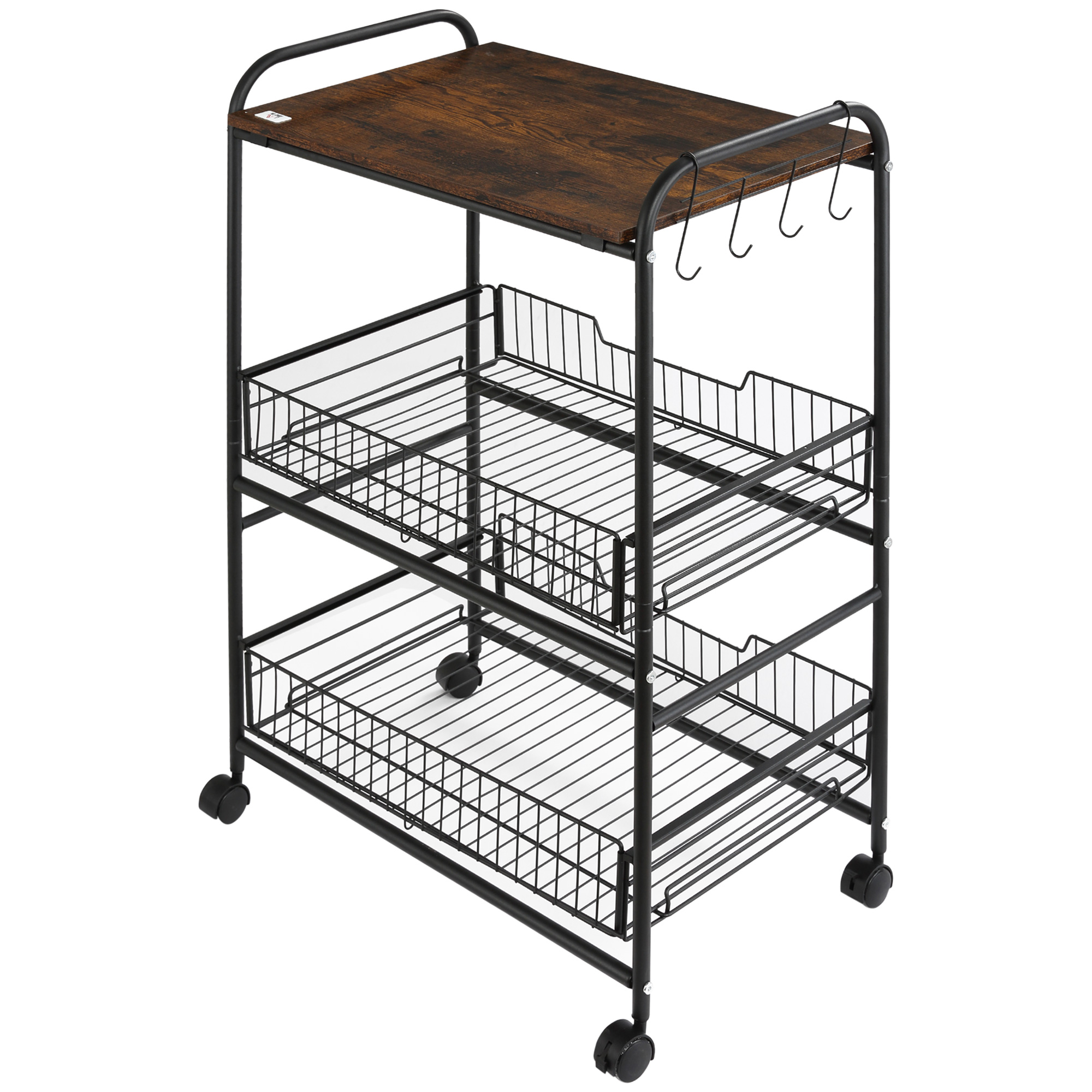 HOMCOM Carrito Auxiliar con Ruedas de 3 Niveles Carrito de Cocina con 2 Cestas y 4 Ganchos 60x38x85,5 cm Marrón Rústico