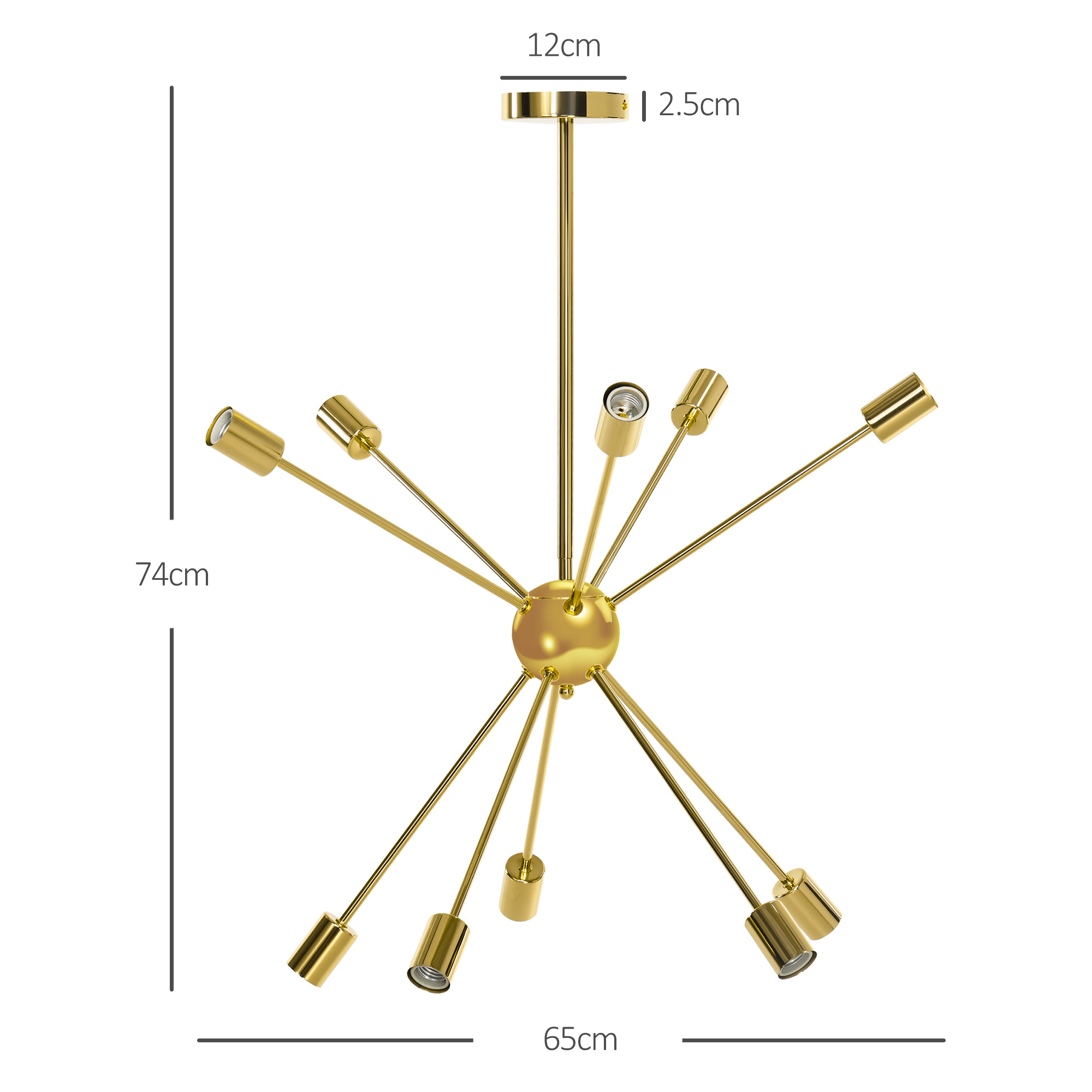HOMCOM Modern Sputnik Ceiling Lights, 10-Light Chandelier for Bedroom Living Room with E27 Base, 65x65x78.5cm, Gold Tone