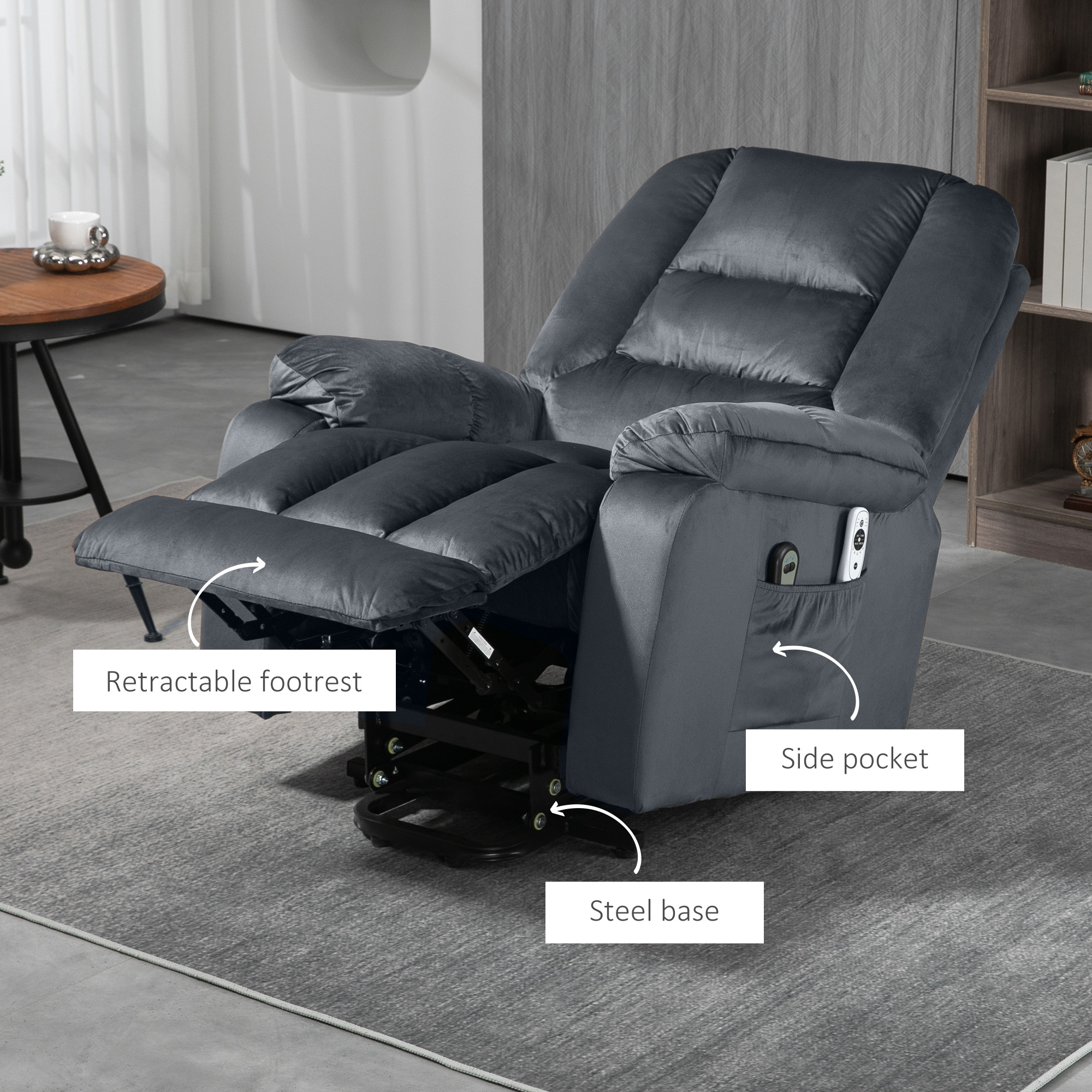 HOMCOM Lift Chair, Quick Assembly, Electric Riser and Recliner Chair with Vibration Massage, Heat, Side Pockets, Grey