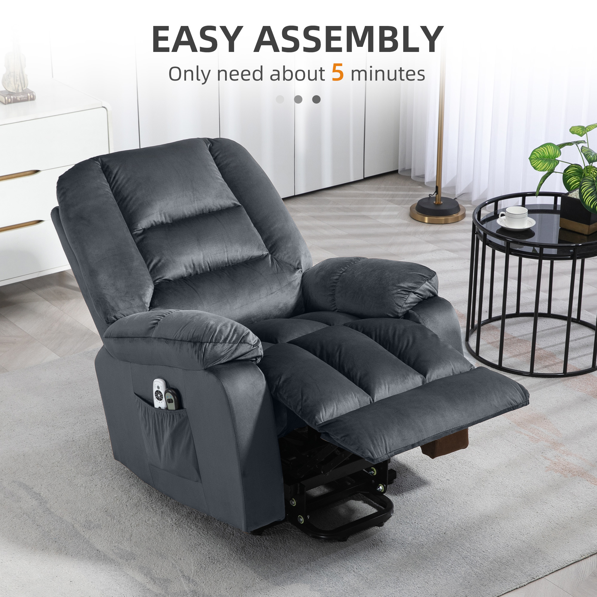 HOMCOM Lift Chair, Quick Assembly, Electric Riser and Recliner Chair with Vibration Massage, Heat, Side Pockets, Grey