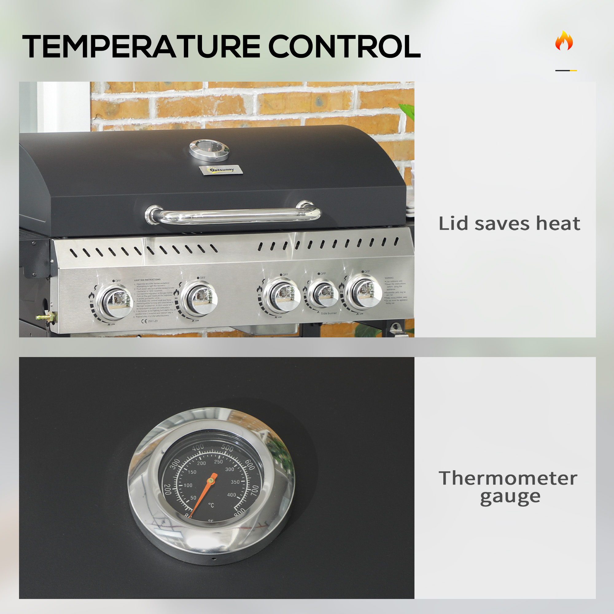 Outsunny Galvanised Steel 4+1 Gas Burner BBQ Grill Trolley, Black