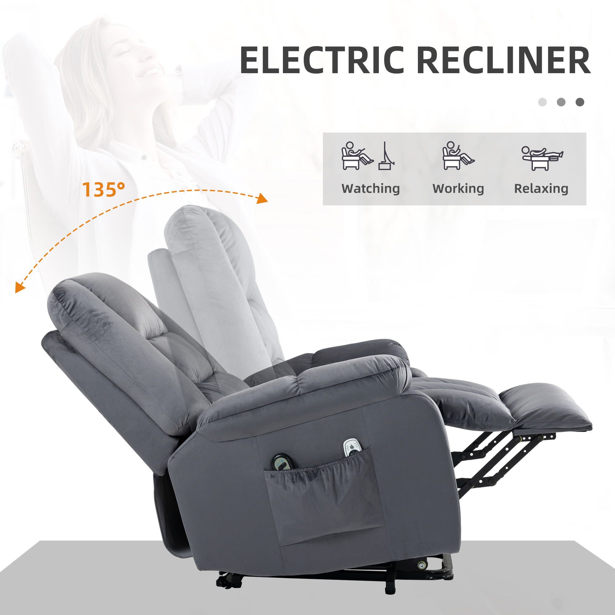 HOMCOM Lift Chair, Quick Assembly, Electric Riser and Recliner Chair with Vibration Massage, Heat, Side Pockets, Grey