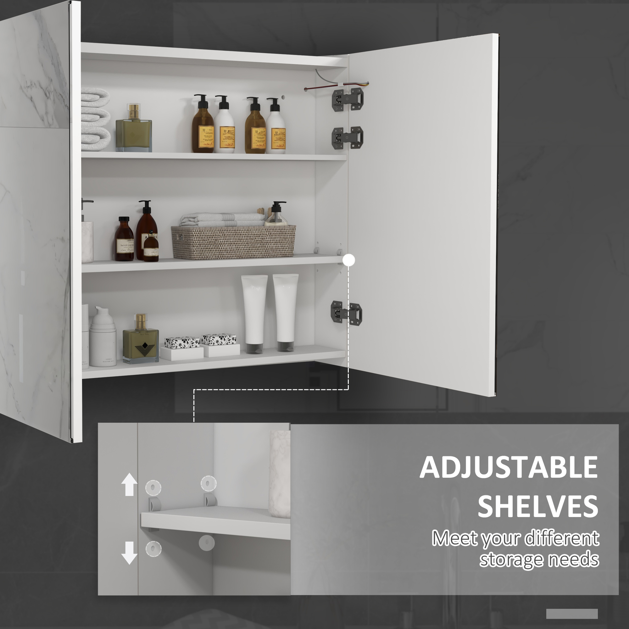 Kleankin Illuminated Bathroom Mirror Cabinet, Wall Storage Cupboard with USB Charge, Adjustable Shelf, 90x15x70cm, White