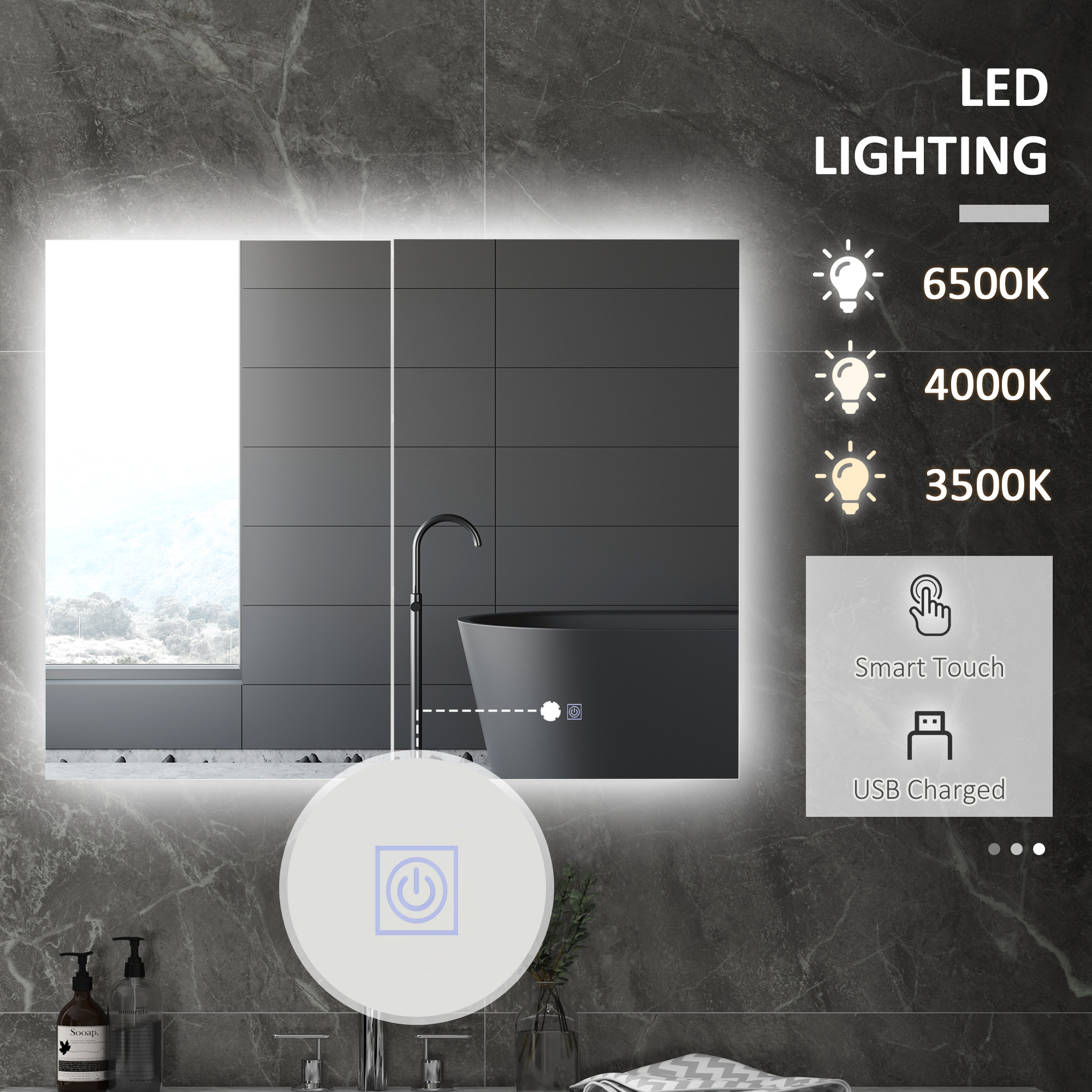 Kleankin Illuminated Bathroom Mirror Cabinet, Wall Storage Cupboard with USB Charge, Adjustable Shelf, 90x15x70cm, White