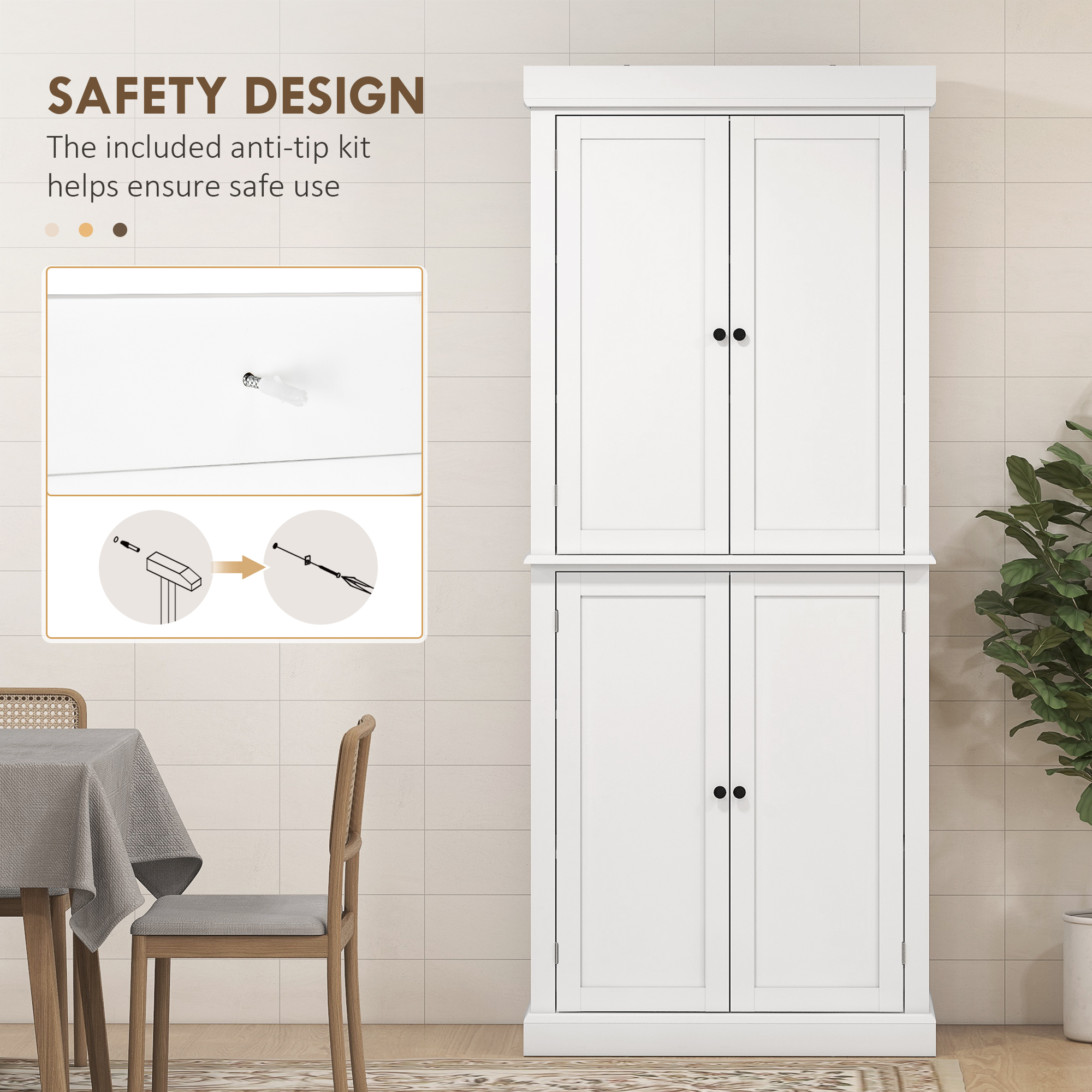 HOMCOM Freestanding Kitchen Cupboard with 4 Doors, Storage Cabinet with 6-Tier Shelving and 4 Adjustable Shelves, White