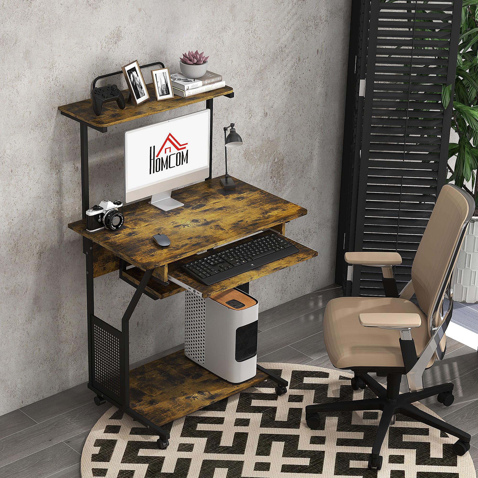 HOMCOM Mobile Computer Desk with Keyboard Tray, Rolling Study Table with Storage Shelves and Wheels, Industrial Writing Desk for Home Office, 80 x 50 x 130cm, Rustic Brown