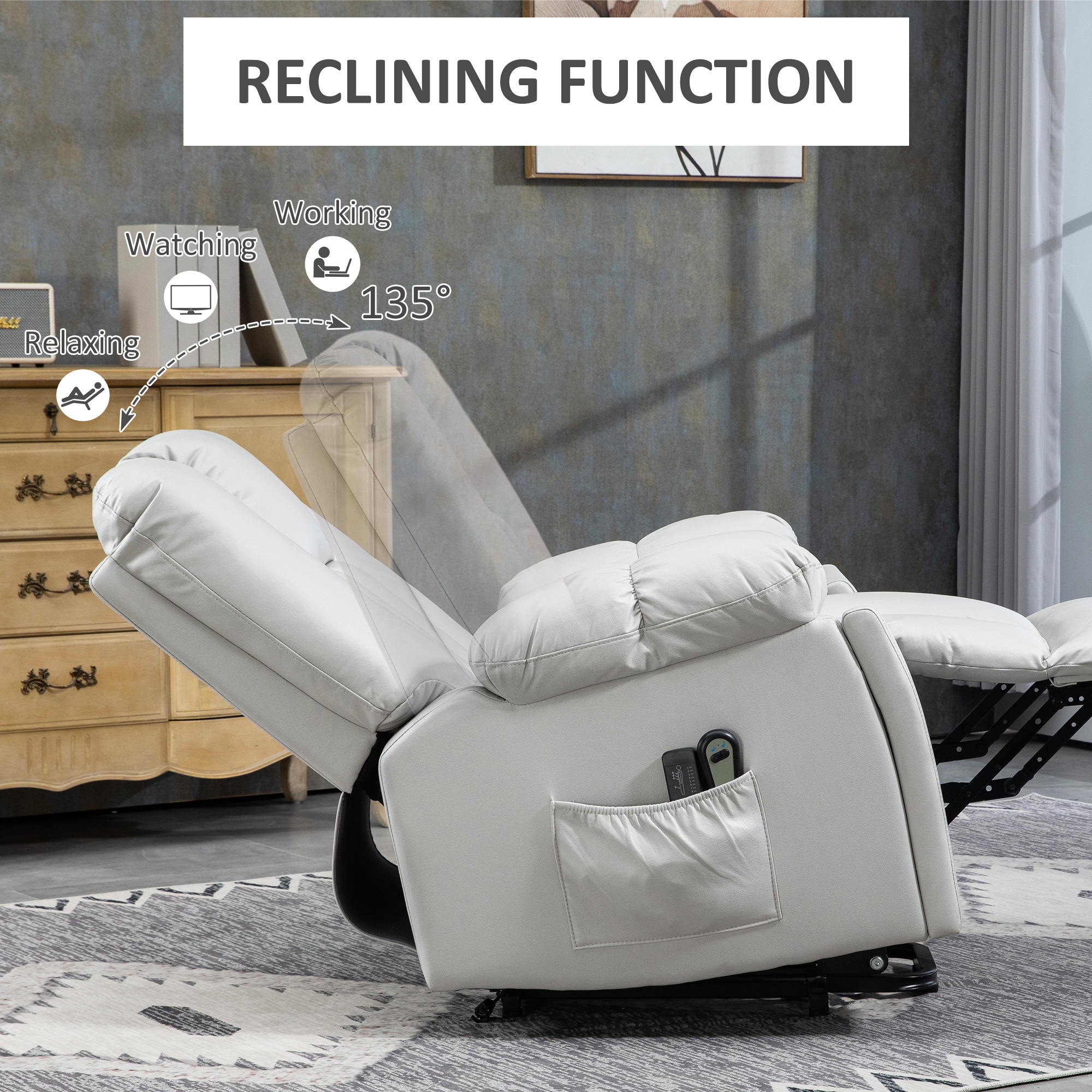 HOMCOM Lift Chair, Quick Assembly, Riser and Recliner Chair with Vibration Massage, Heat, Light Grey